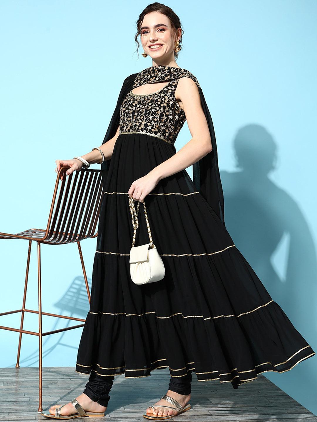 Black Yoke Design Georgette Anarkali Kurta With Churidar & Dupatta