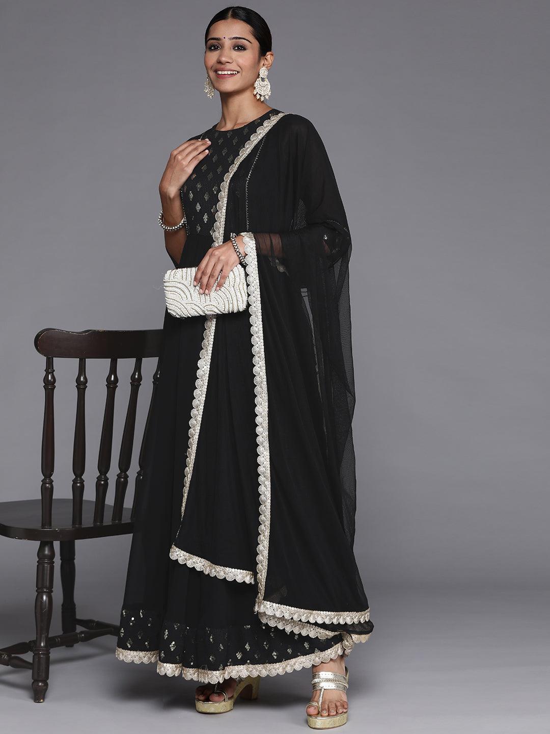 Black Yoke Design Georgette Anarkali Suit Set With Churidar - Libas