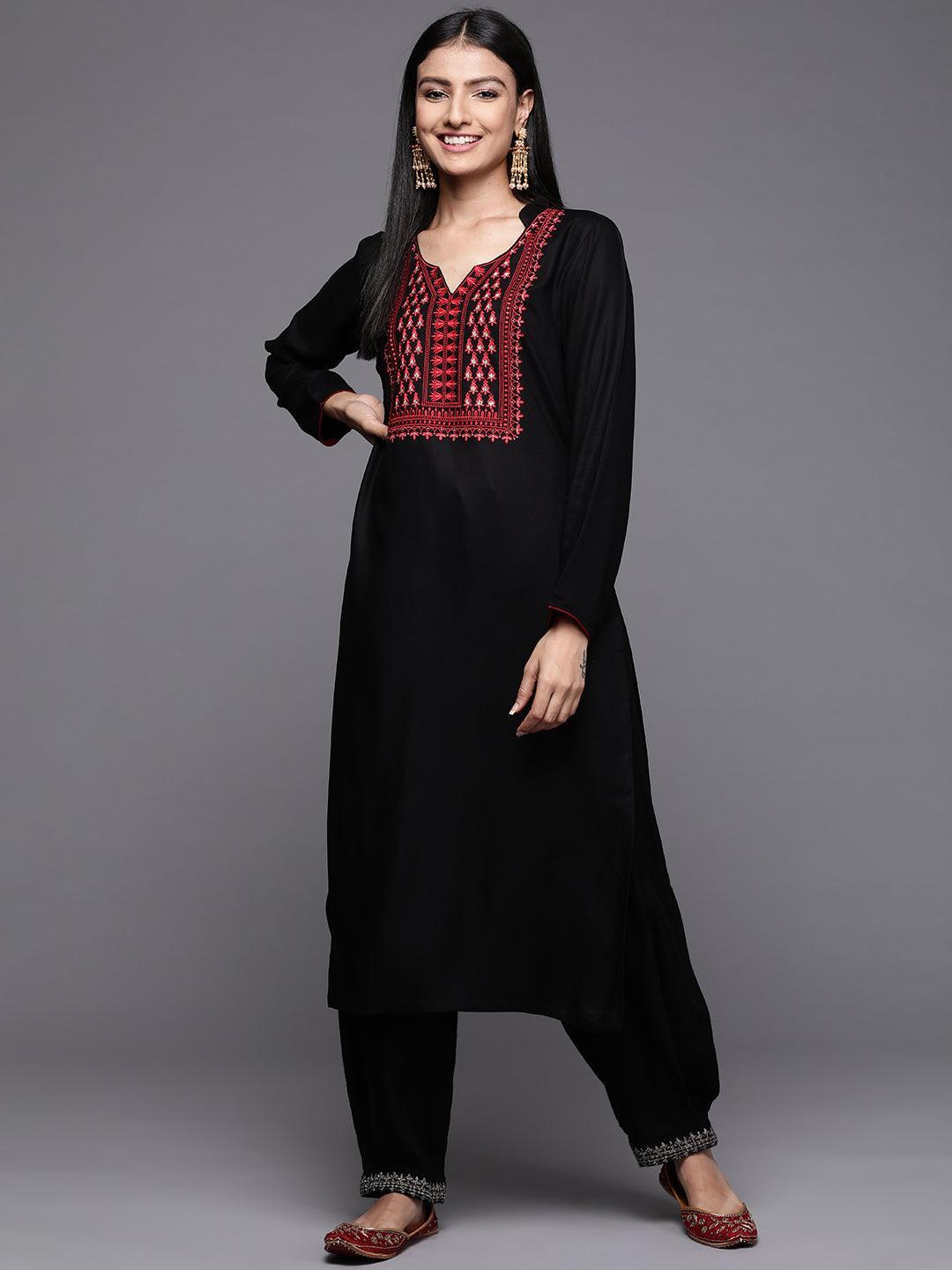 Black Yoke Design Pashmina Wool Straight Kurta