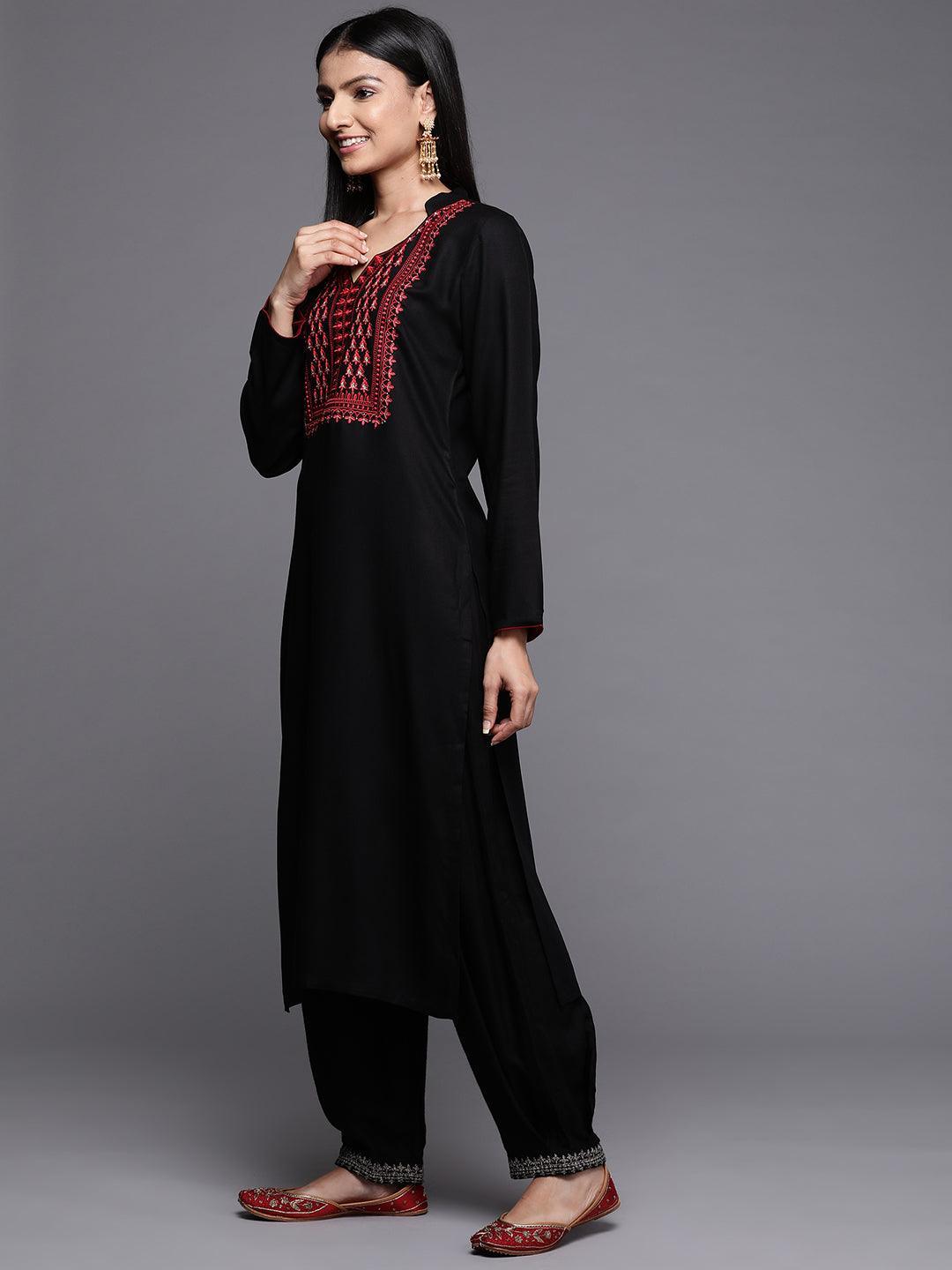 Black Yoke Design Pashmina Wool Straight Kurta