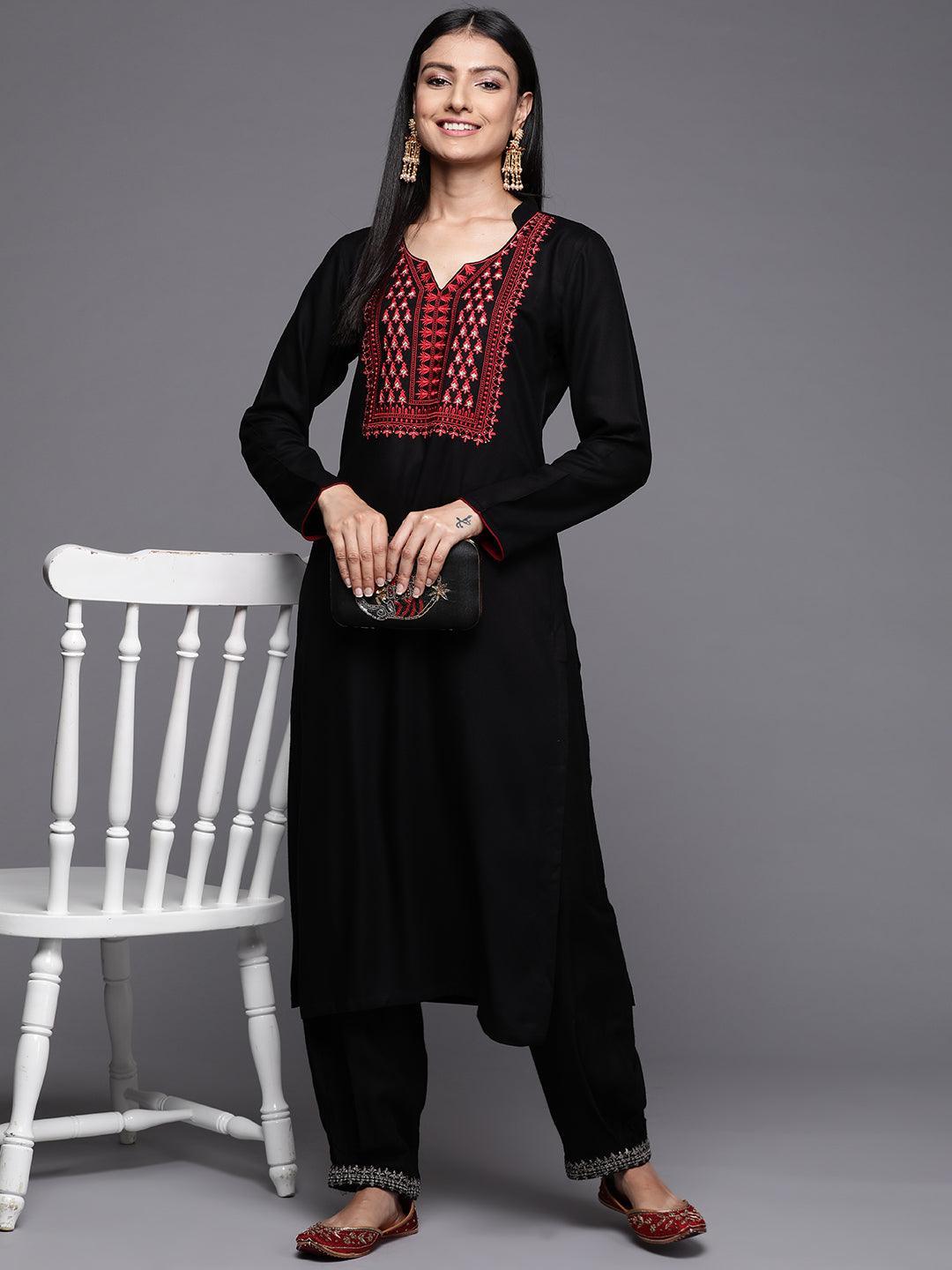 Black Yoke Design Pashmina Wool Straight Kurta