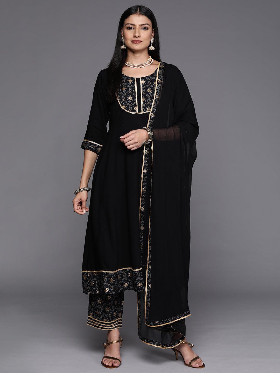 Black Yoke Design Rayon A-Line Kurta With Trousers & Dupatta