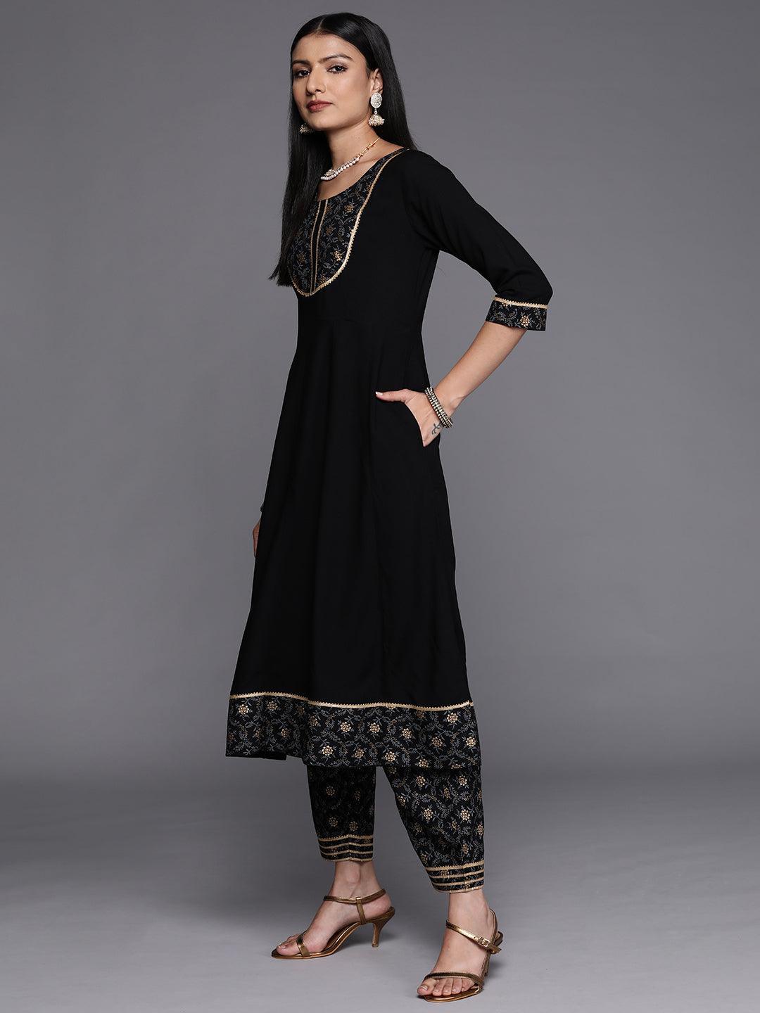 Black Yoke Design Rayon A-Line Kurta With Trousers & Dupatta