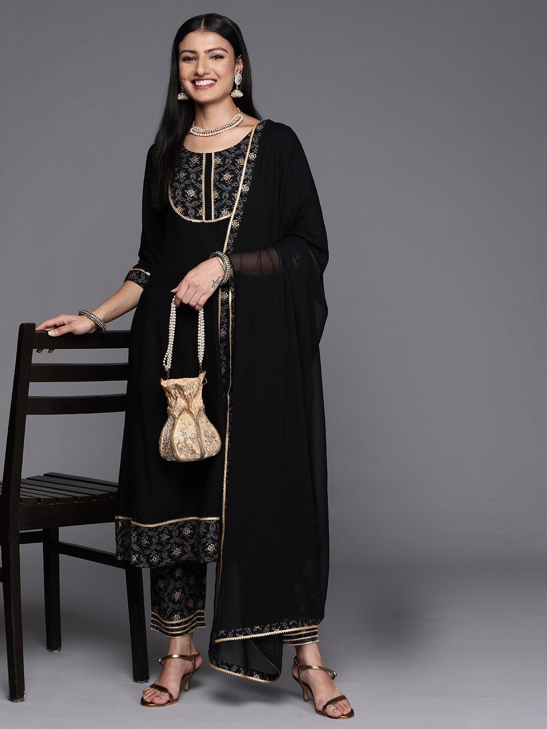 Black Yoke Design Rayon A-Line Kurta With Trousers & Dupatta