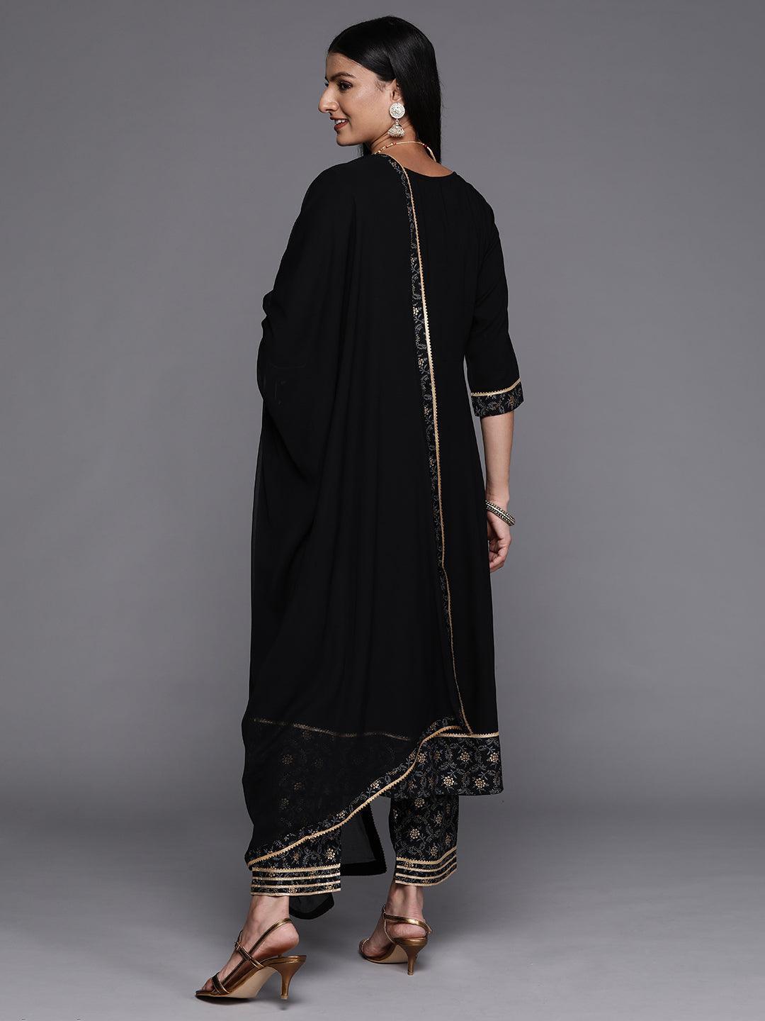 Black Yoke Design Rayon A-Line Kurta With Trousers & Dupatta