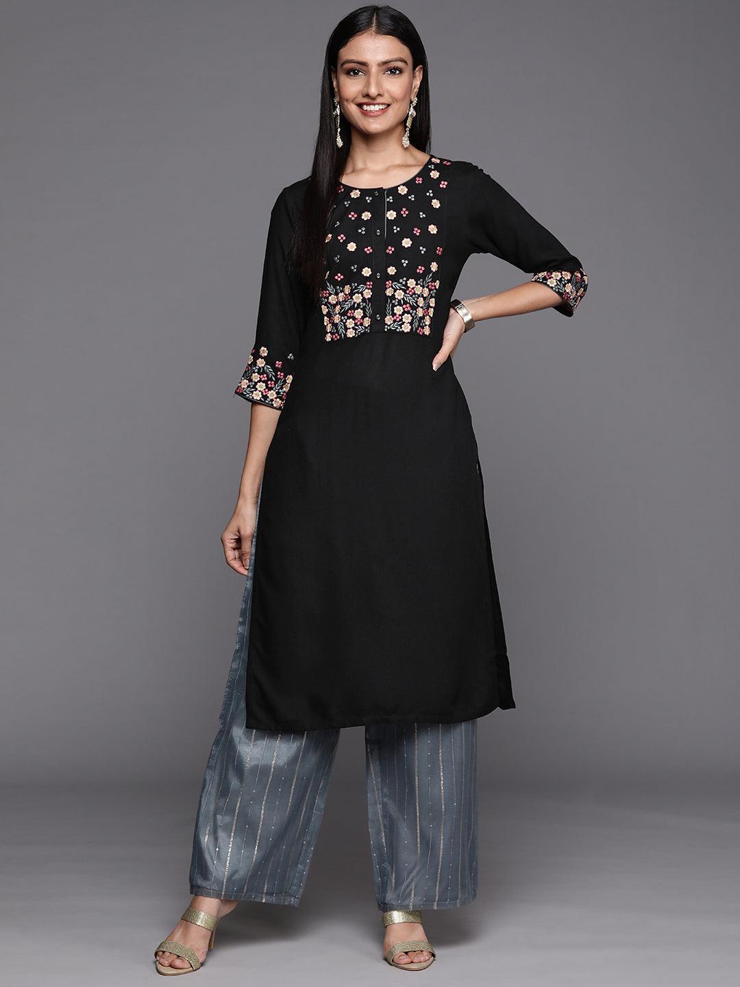 Black Yoke Design Rayon Straight Kurta - ShopLibas