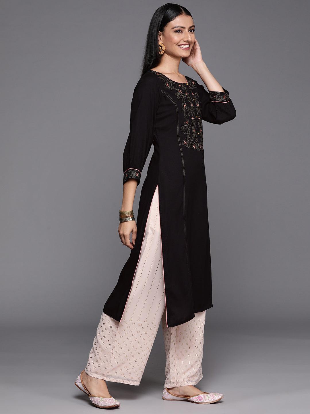 Black Yoke Design Rayon Straight Kurta - ShopLibas