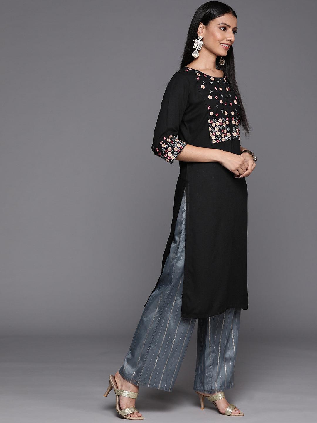 Black Yoke Design Rayon Straight Kurta - ShopLibas