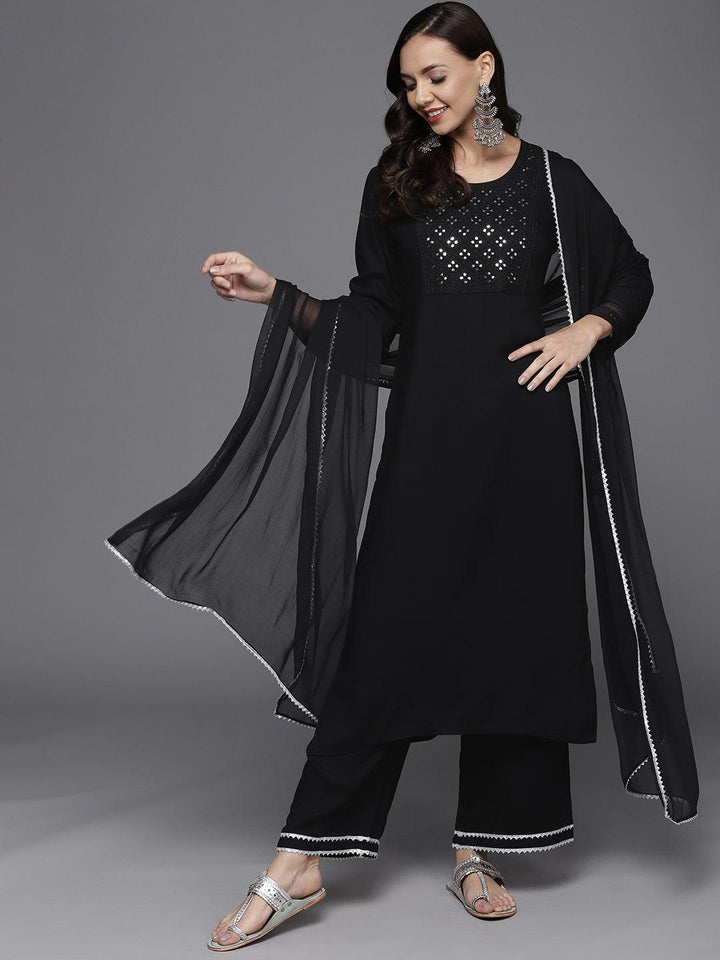 Black Yoke Design Rayon Suit Set - ShopLibas