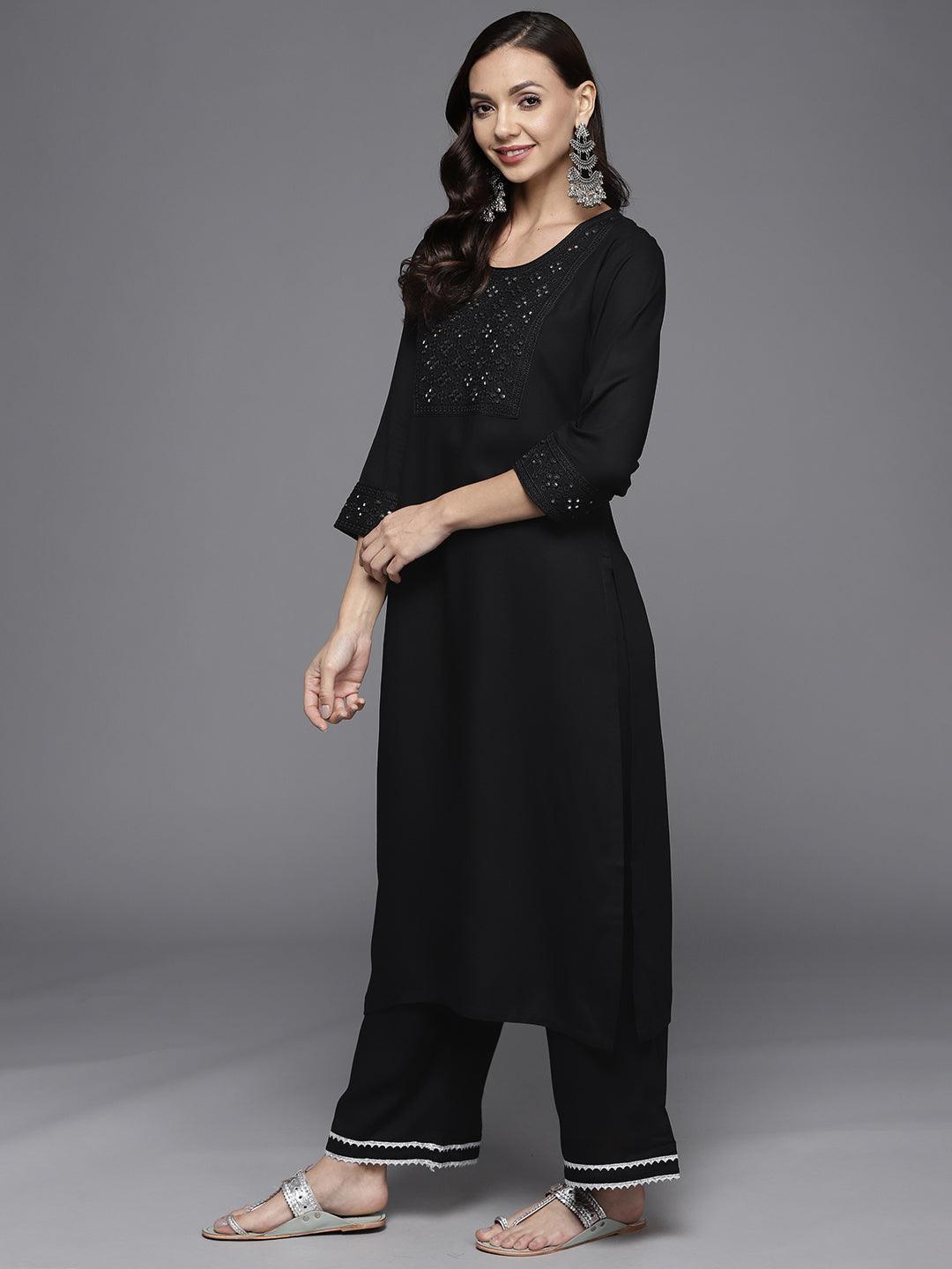 Black Yoke Design Rayon Suit Set