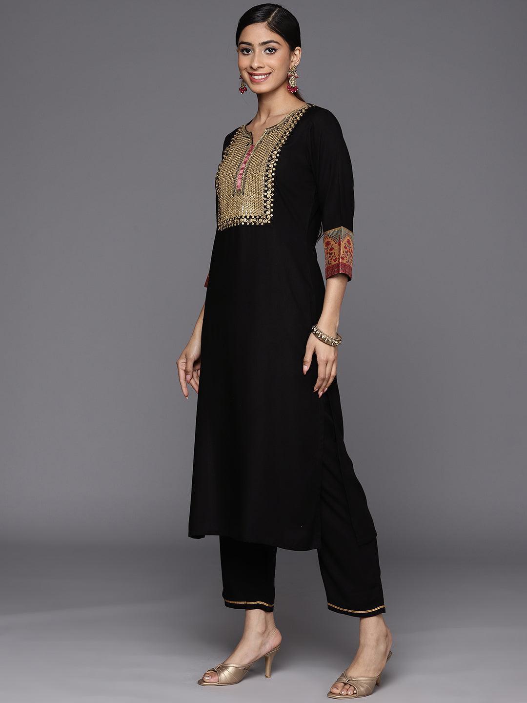 Black Yoke Design Rayon Straight Suit Set With Trousers - ShopLibas