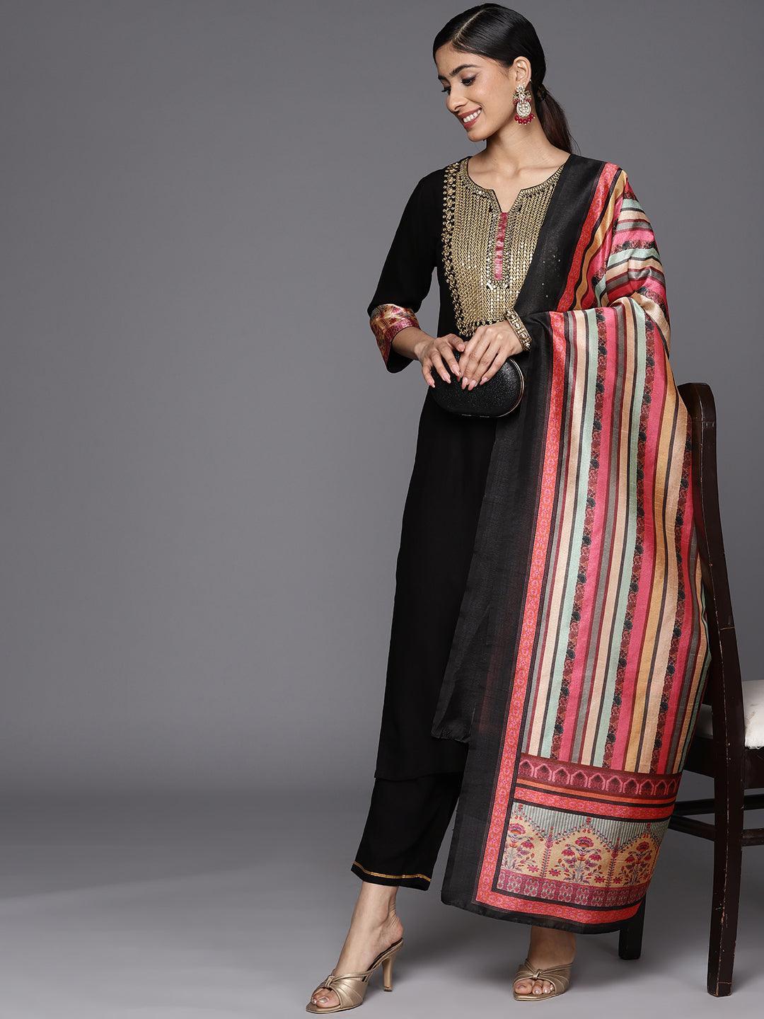 Black Yoke Design Rayon Straight Suit Set With Trousers - ShopLibas