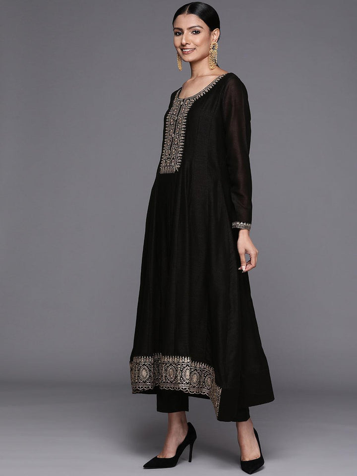 Black Yoke Design Silk Blend Anarkali Suit Set - ShopLibas