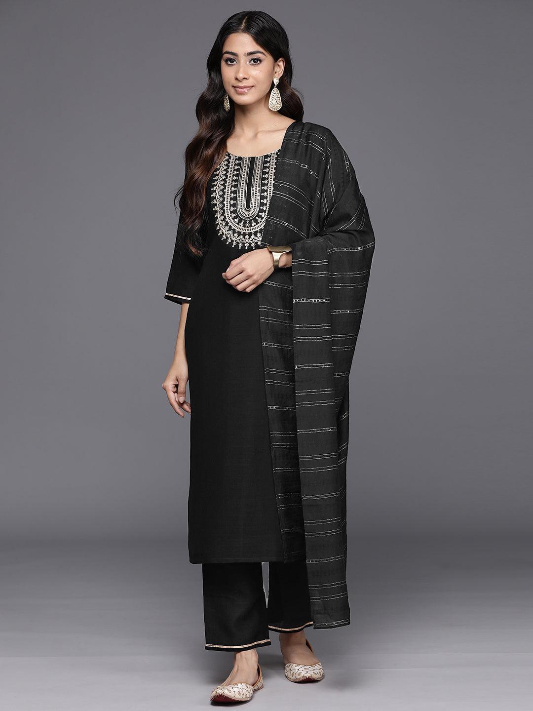 Black Yoke Design Silk Blend Straight Kurta With Trousers & Dupatta