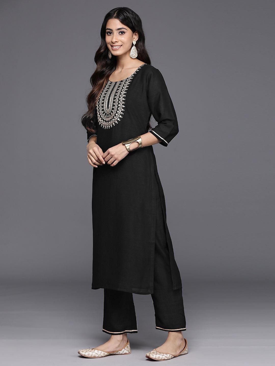 Black Yoke Design Silk Blend Straight Kurta With Trousers & Dupatta