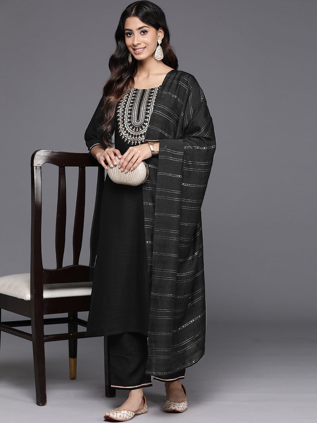 Black Yoke Design Silk Blend Straight Kurta With Trousers & Dupatta