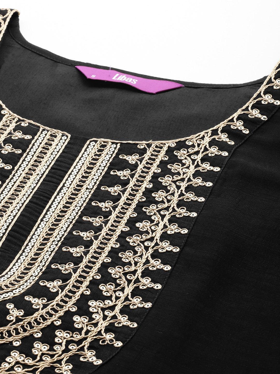 Black Yoke Design Silk Blend Straight Kurta With Trousers & Dupatta