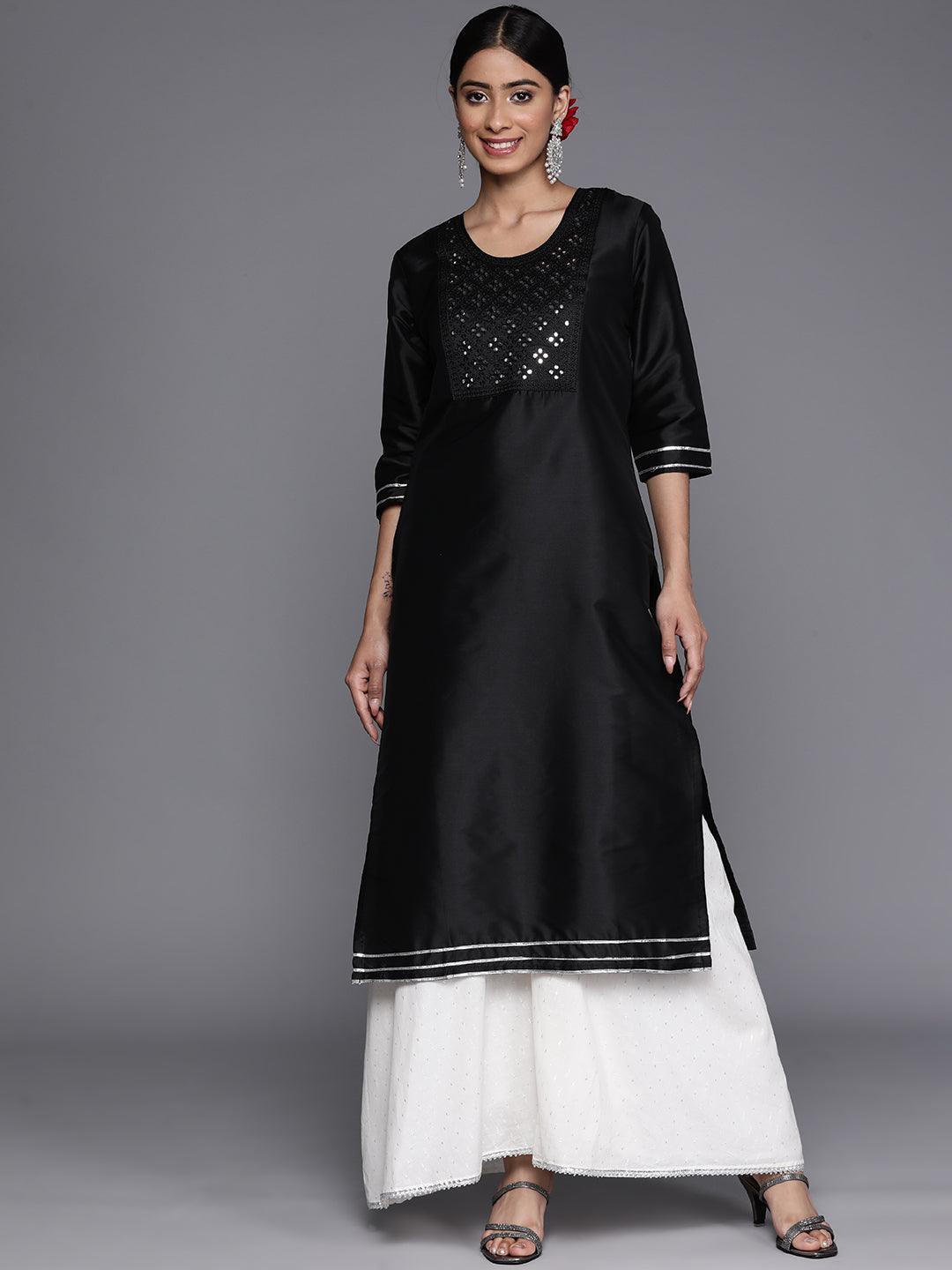 Black Yoke Design Silk Straight Kurta