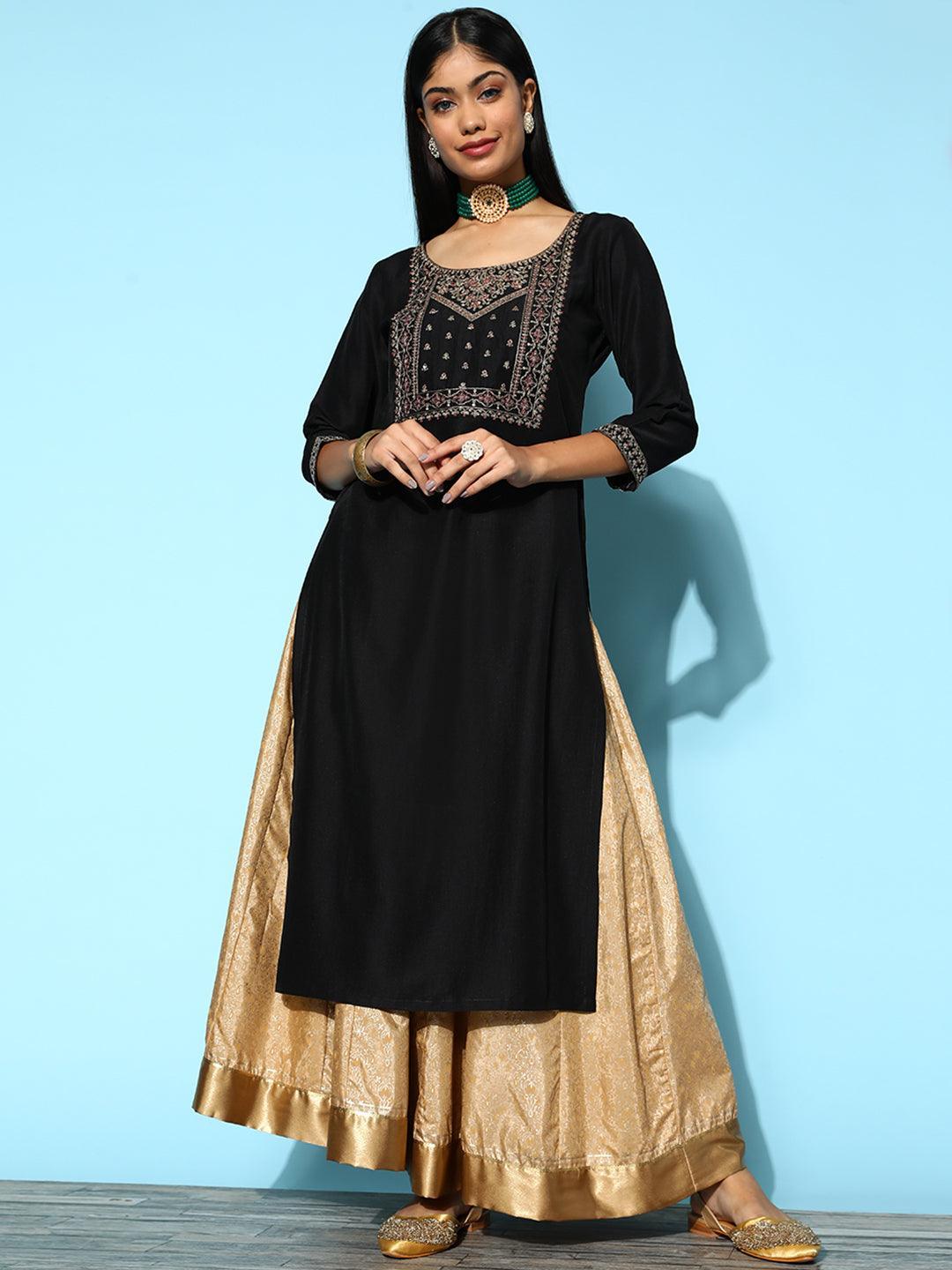 Black Yoke Design Silk Straight Kurta