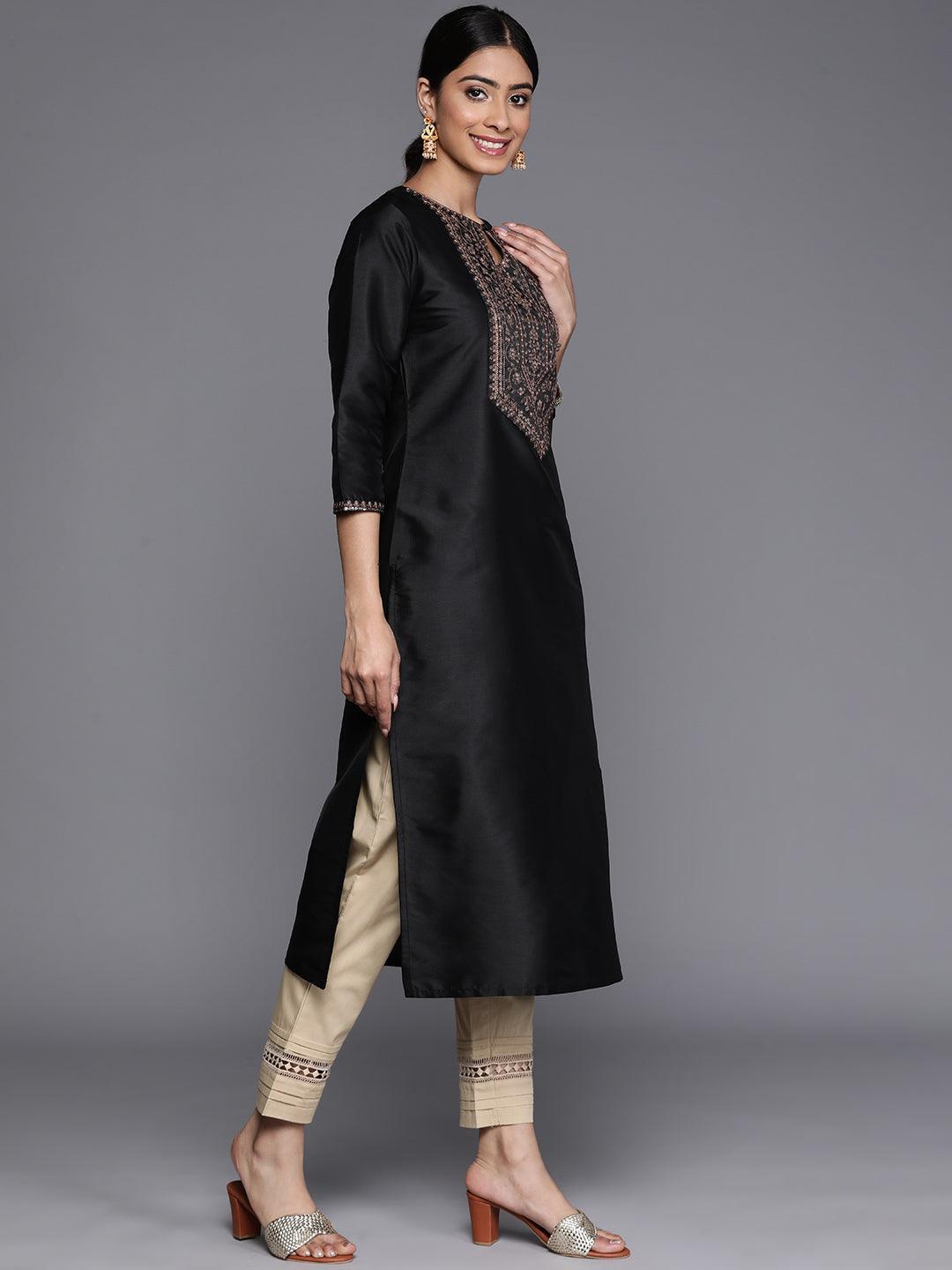 Black Yoke Design Silk Straight Kurta