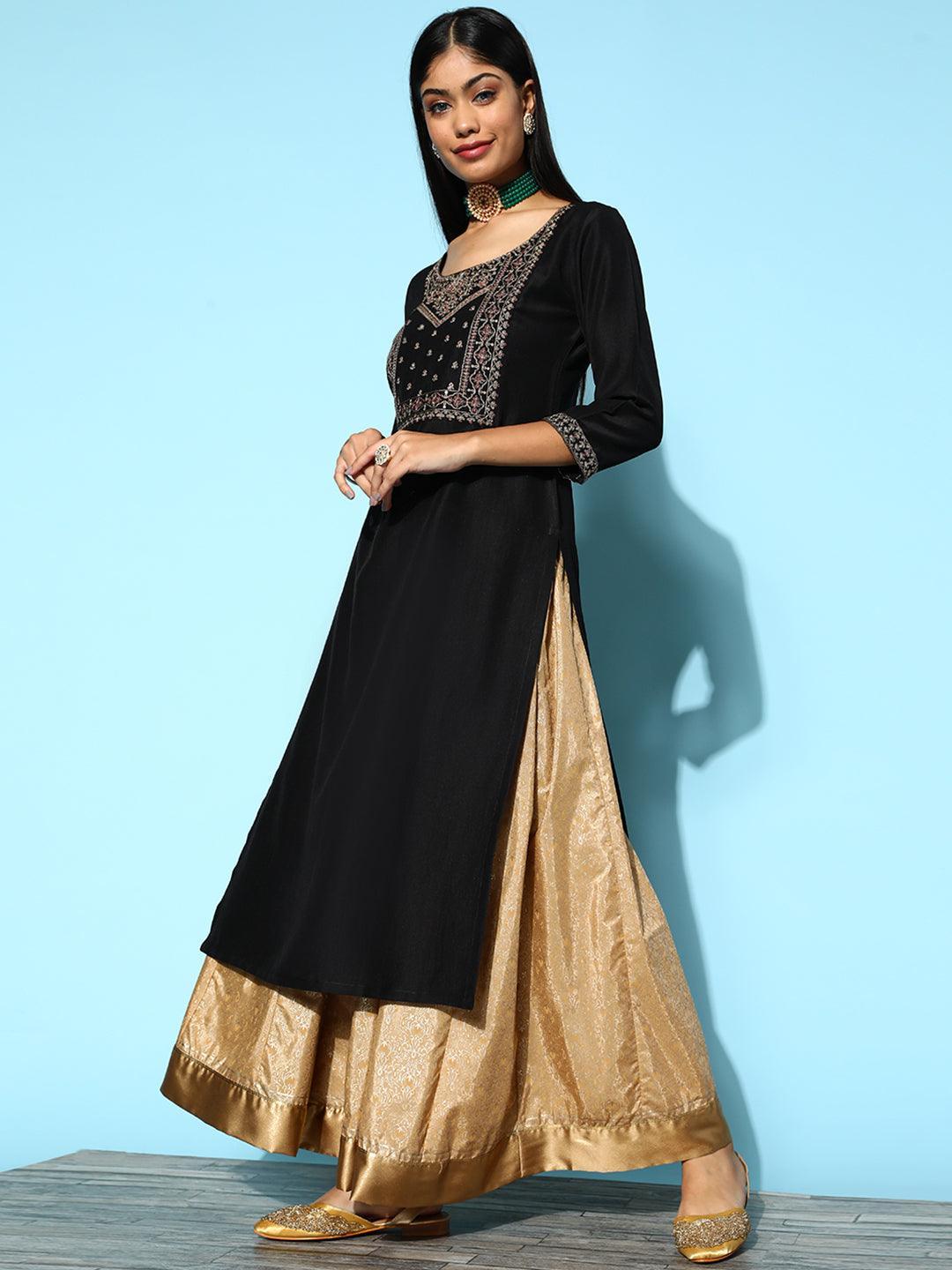 Black Yoke Design Silk Straight Kurta