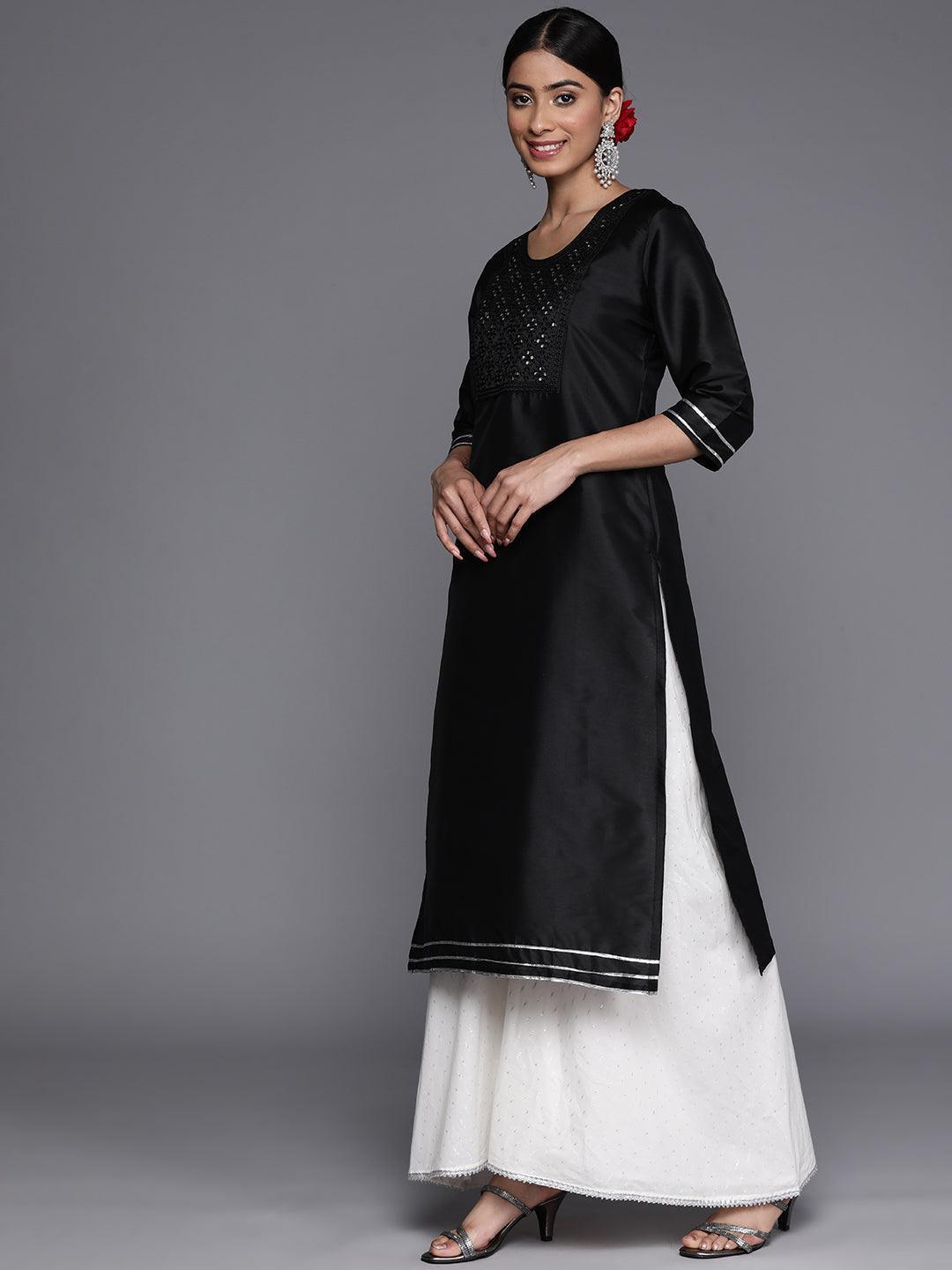 Black Yoke Design Silk Straight Kurta - ShopLibas