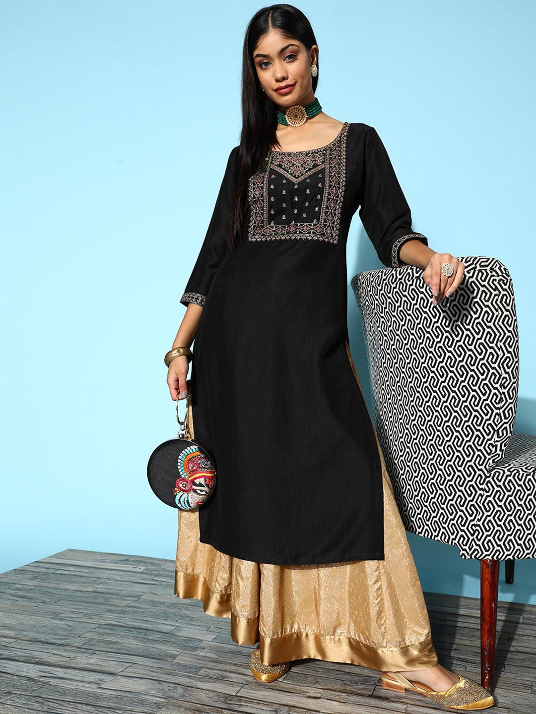 Black Yoke Design Silk Straight Kurta