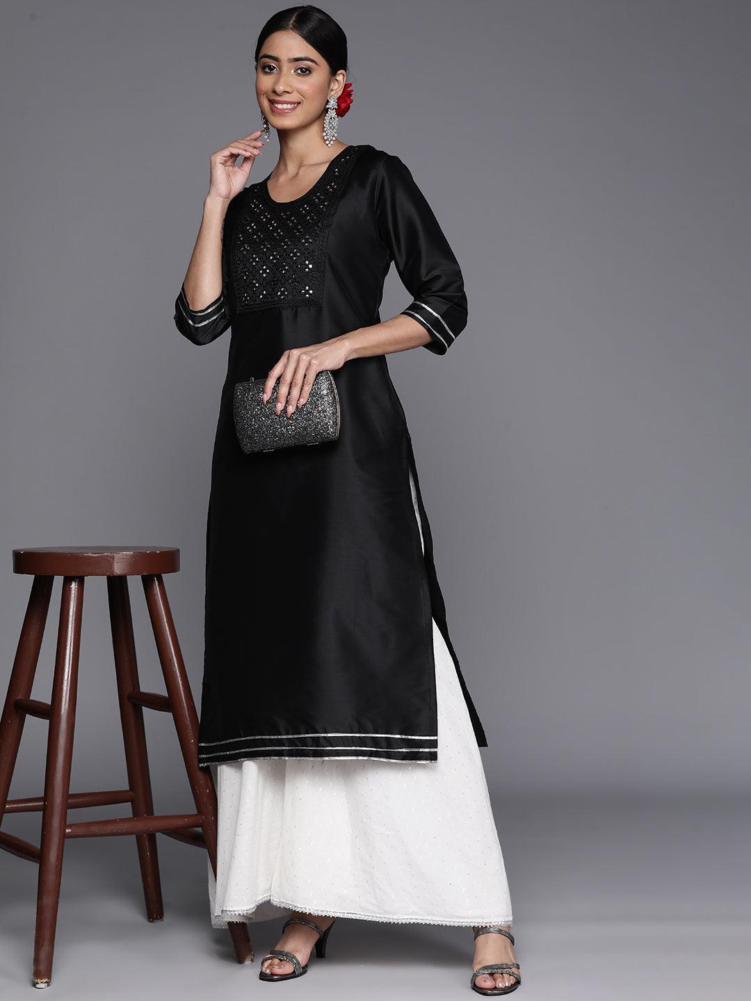 Black Yoke Design Silk Straight Kurta