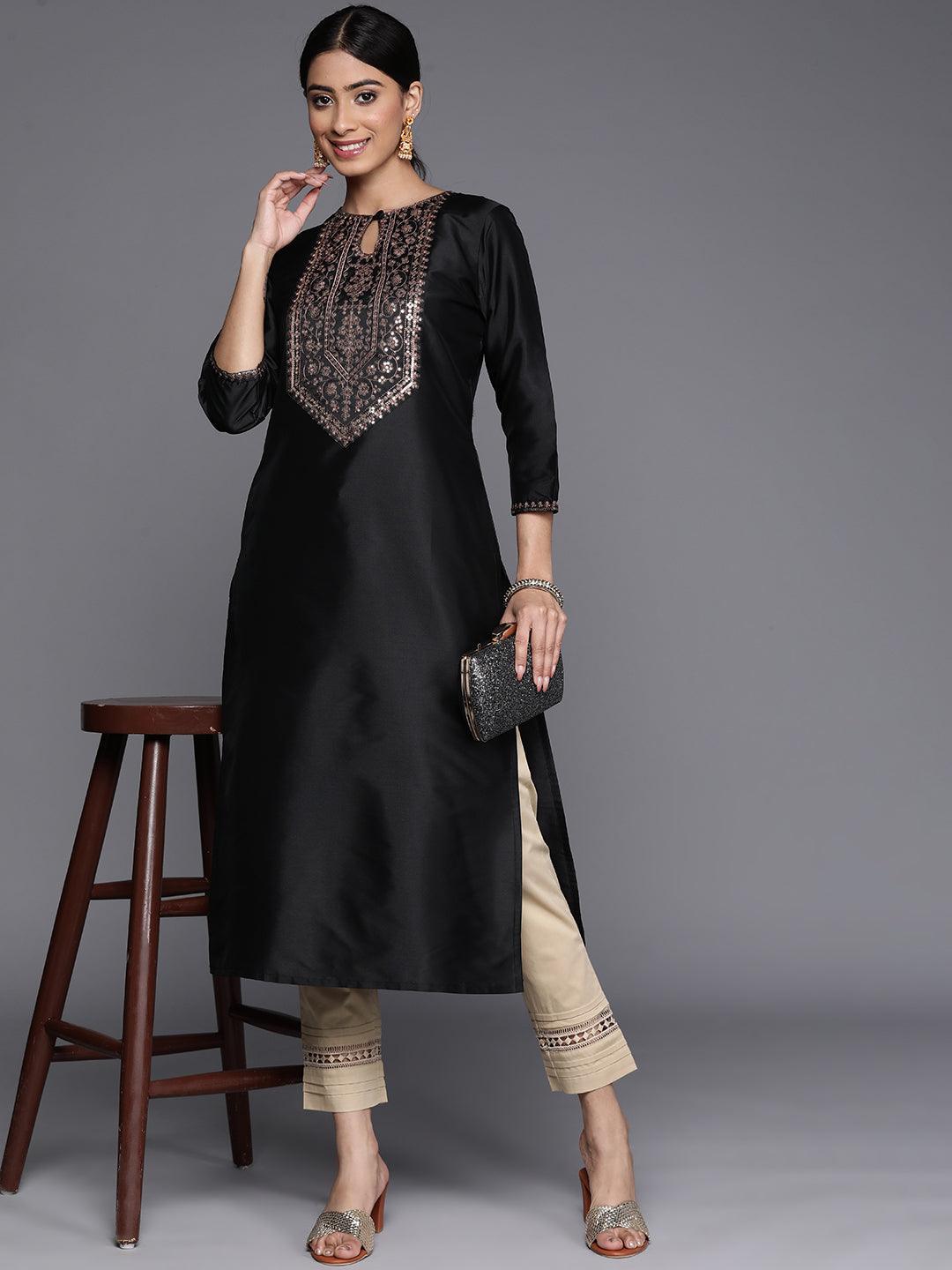 Black Yoke Design Silk Straight Kurta