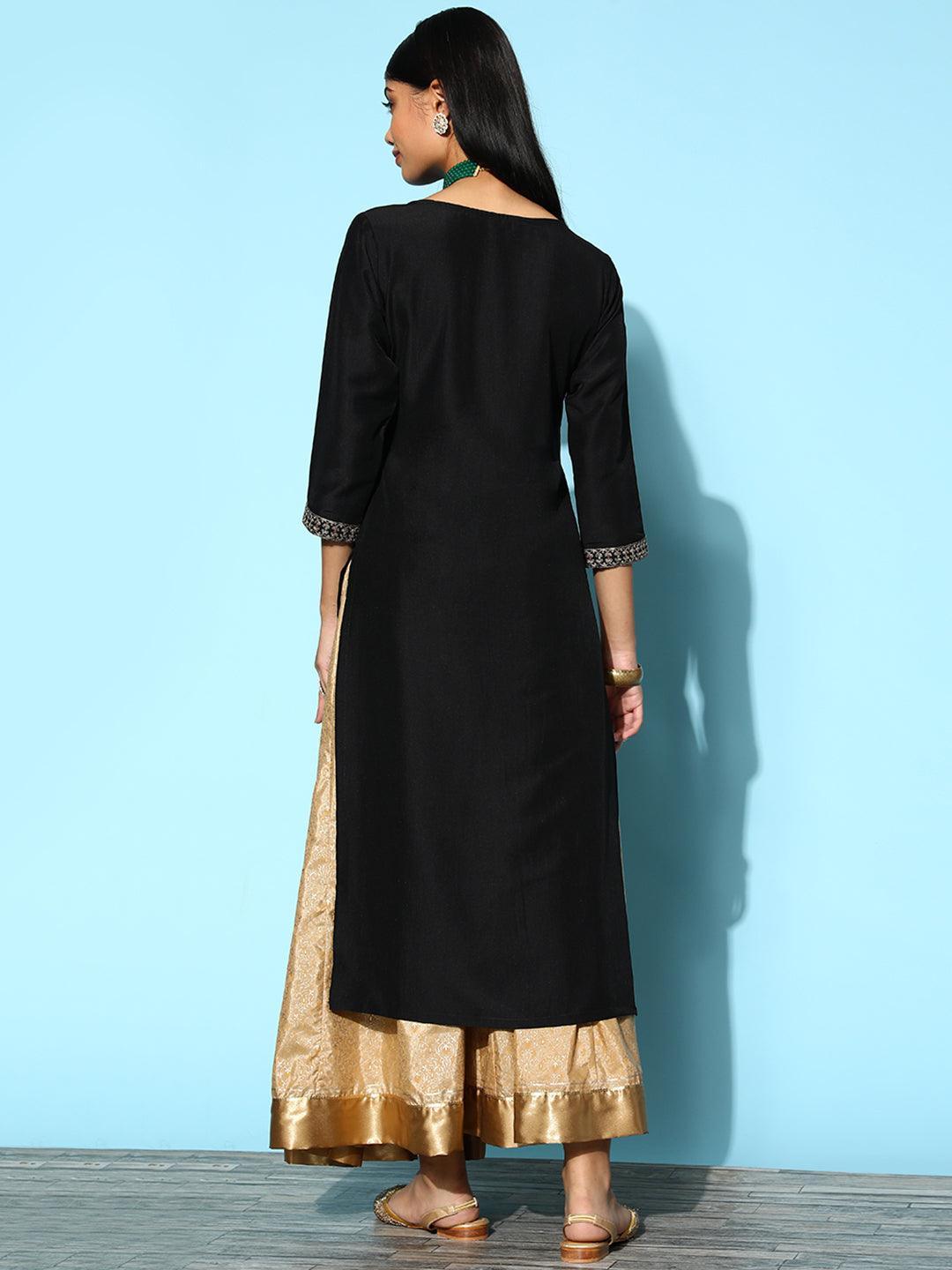 Black Yoke Design Silk Straight Kurta