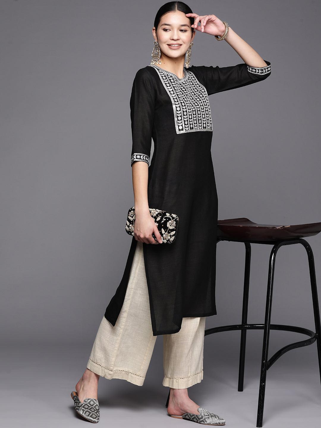 Black Yoke Design Silk Straight Kurta