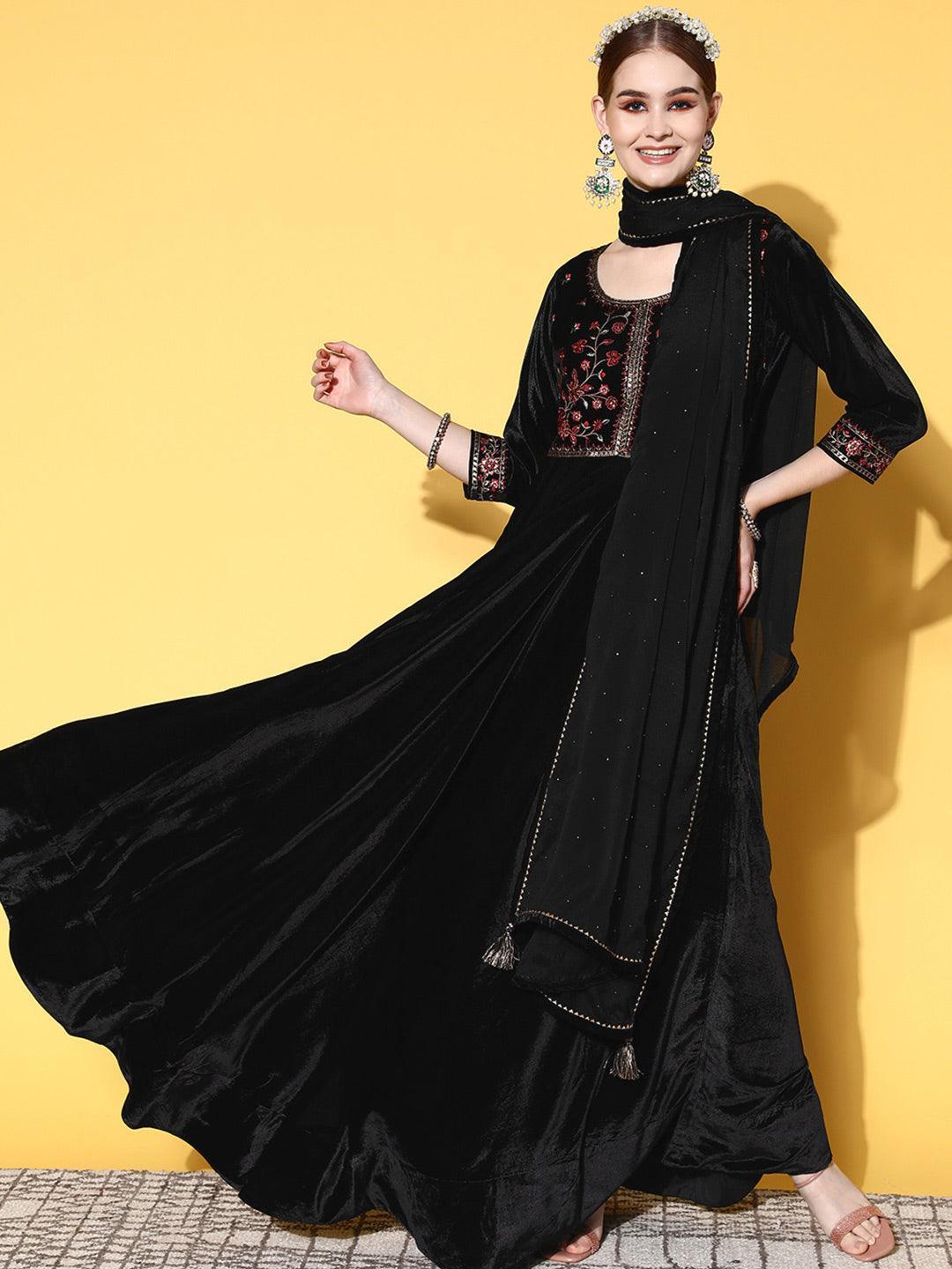 Black Yoke Design Velvet Anarkali Suit Set