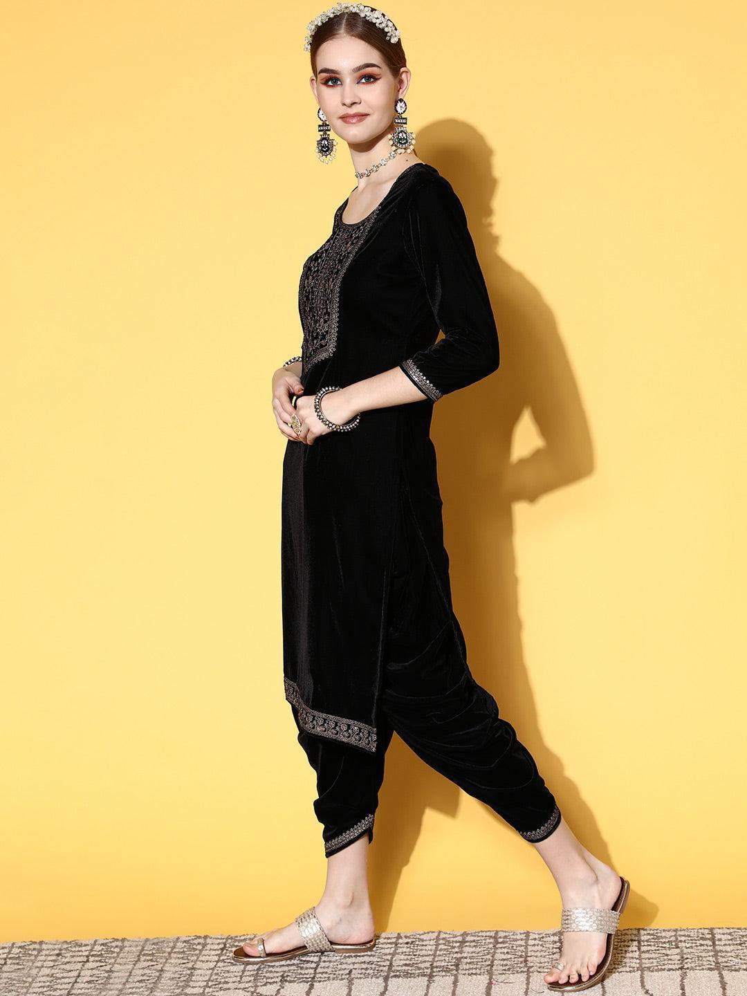 Black Yoke Design Velvet Straight Suit Set