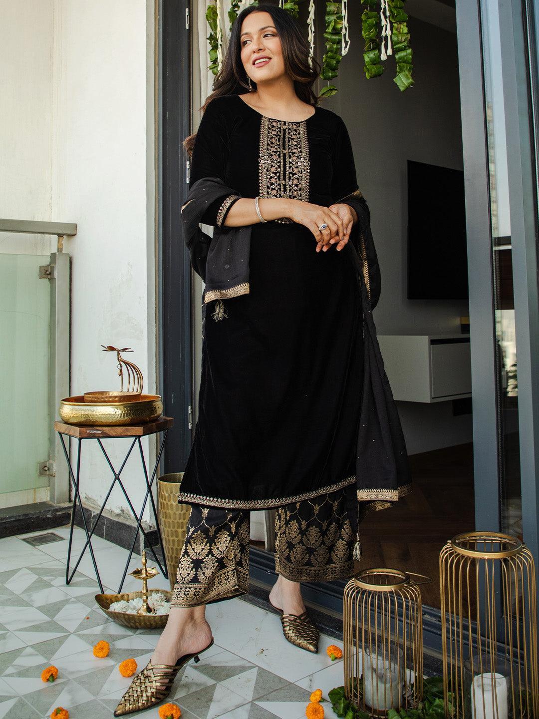 Black Yoke Design Velvet Straight Suit Set