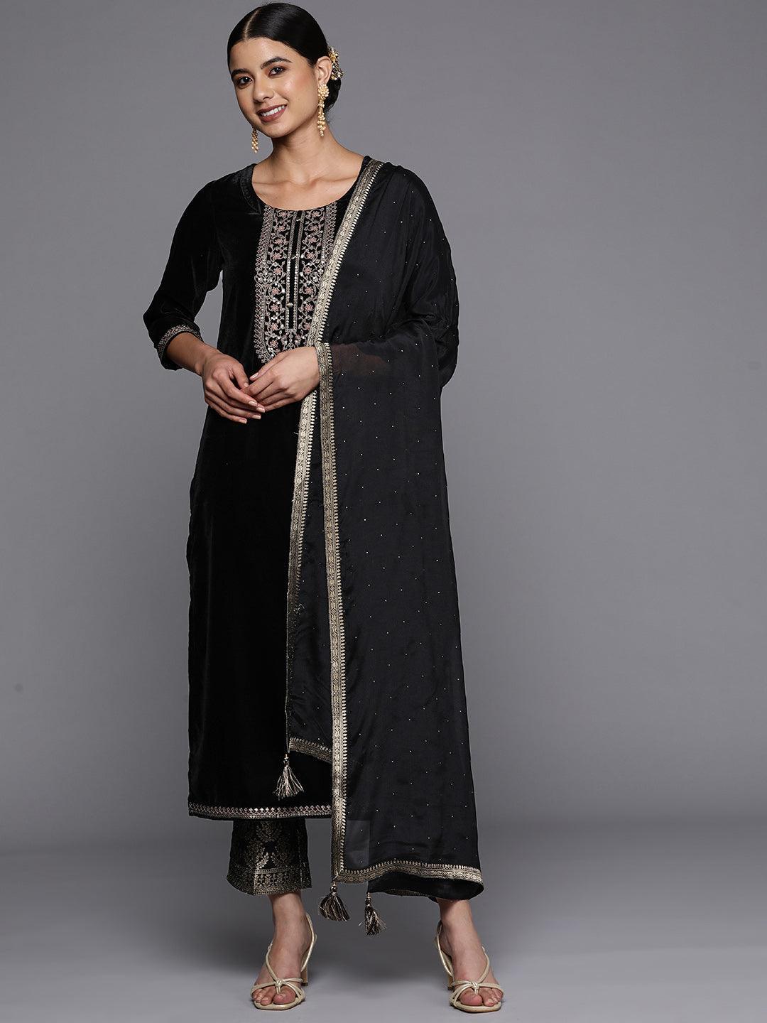 Black Yoke Design Velvet Straight Suit Set