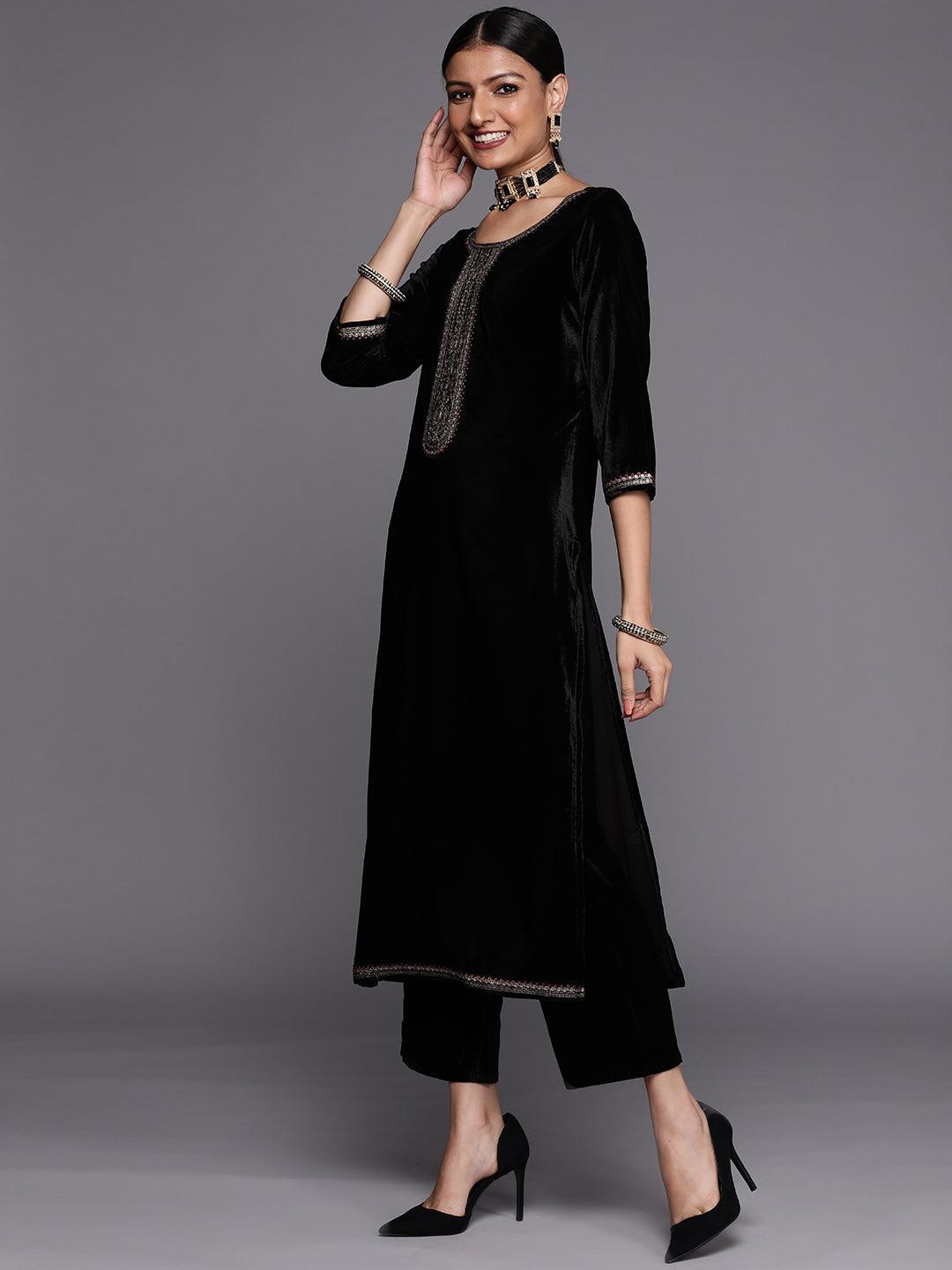 Black Yoke Design Velvet Straight Suit Set