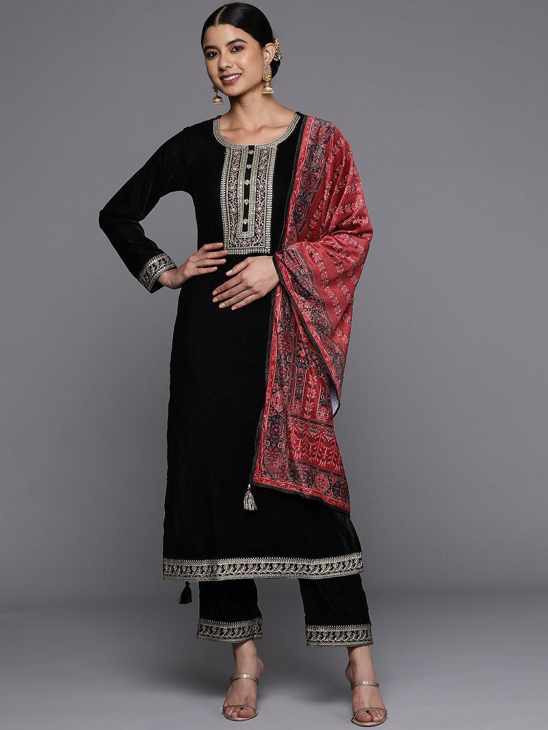 Black Yoke Design Velvet Straight Suit Set