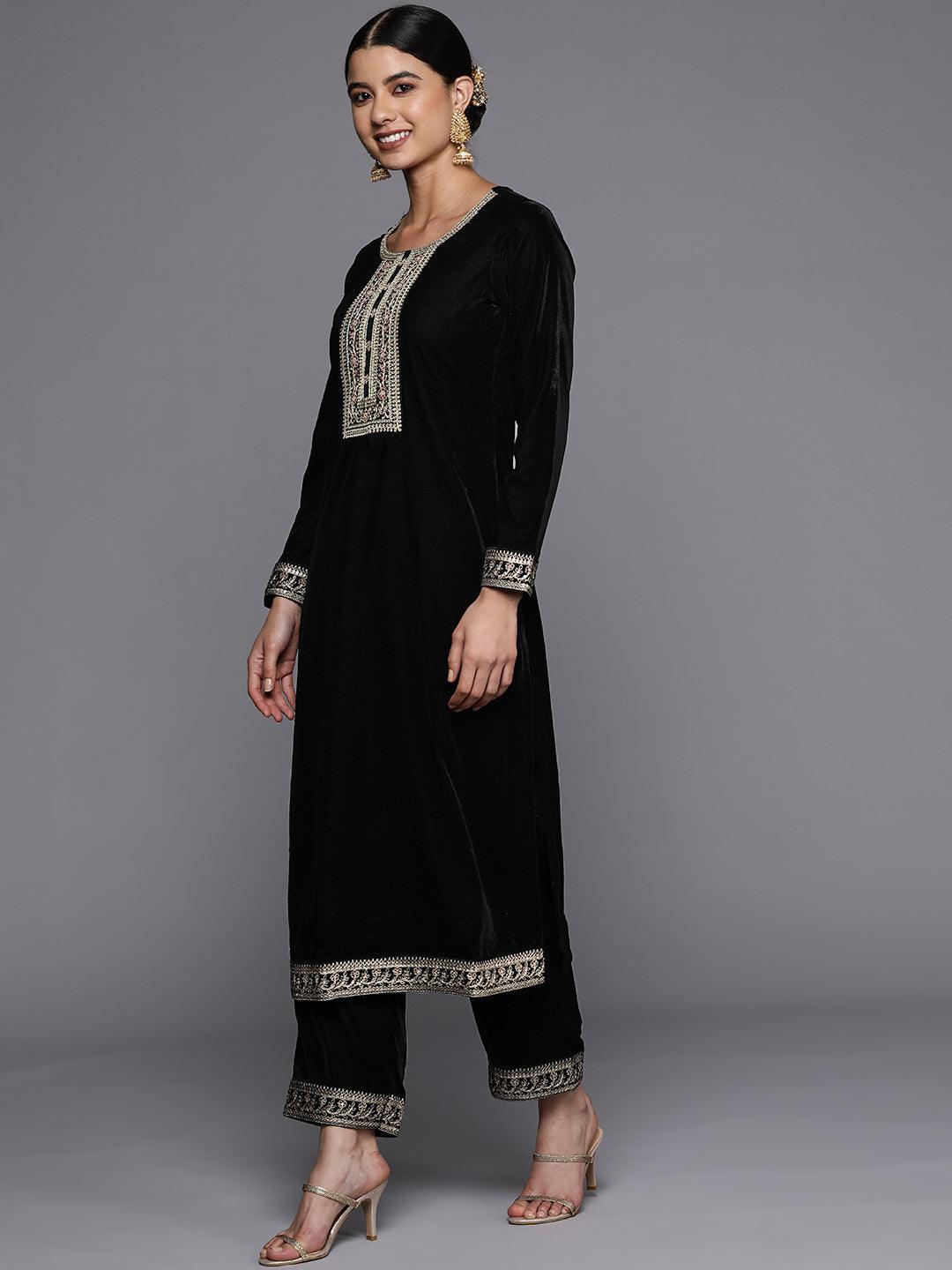 Black Yoke Design Velvet Straight Suit Set