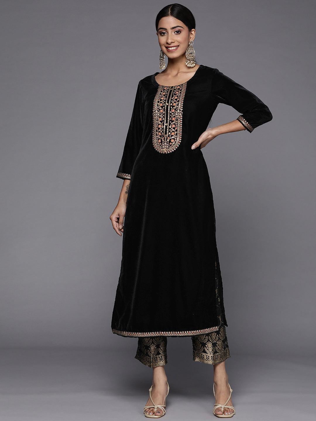 Black Yoke Design Velvet Straight Kurta Set