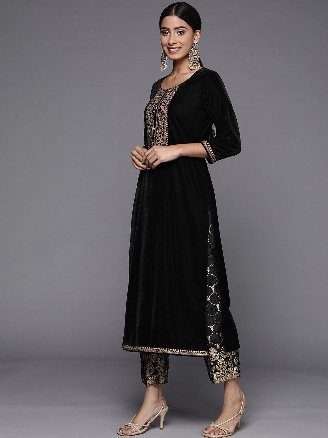 Black Yoke Design Velvet Straight Kurta Set