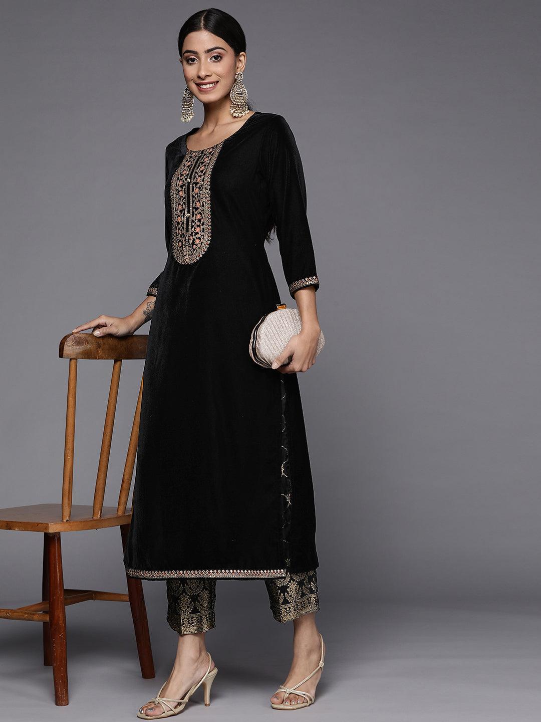 Black Yoke Design Velvet Straight Kurta Set