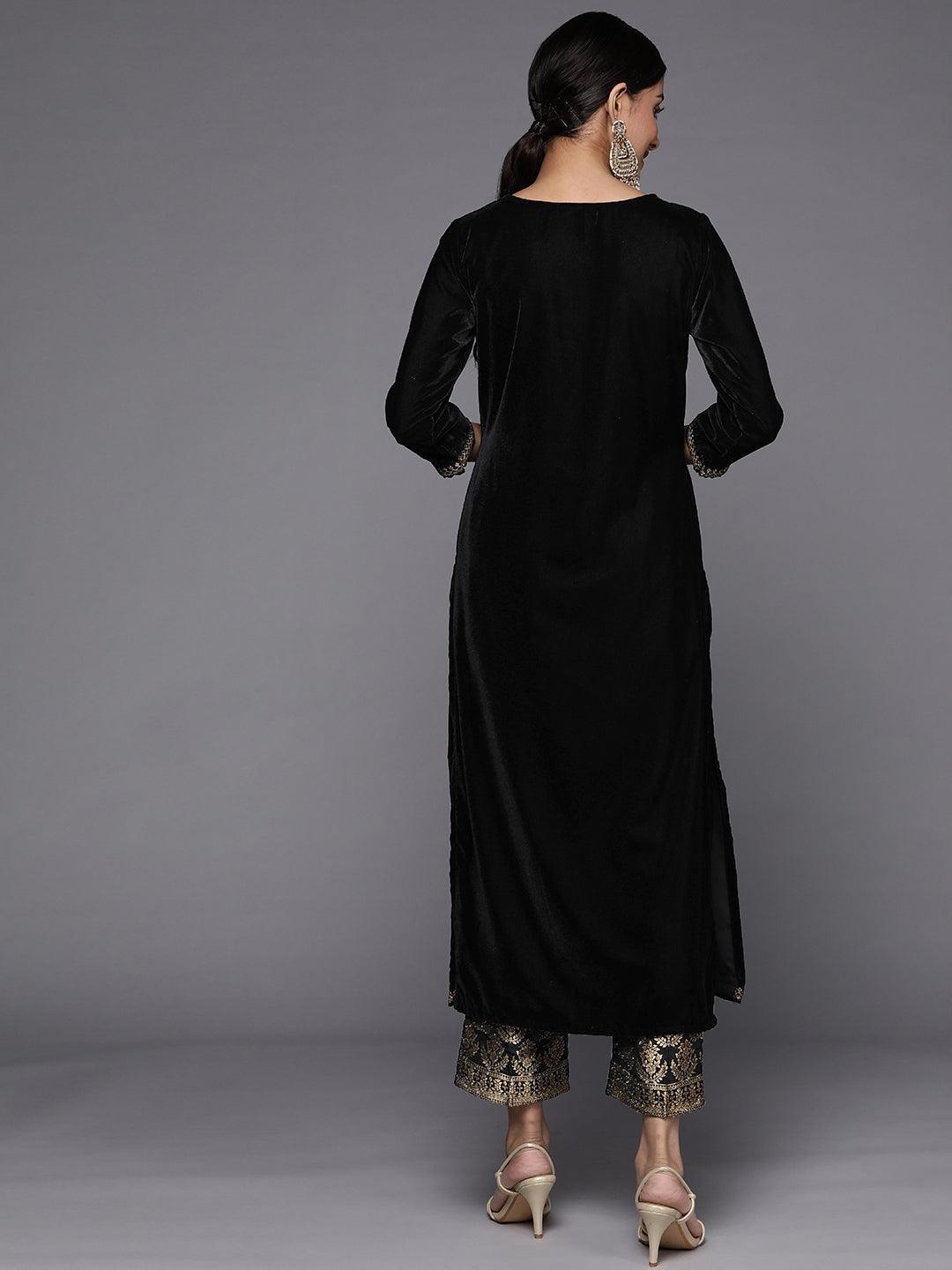 Black Yoke Design Velvet Straight Kurta Set