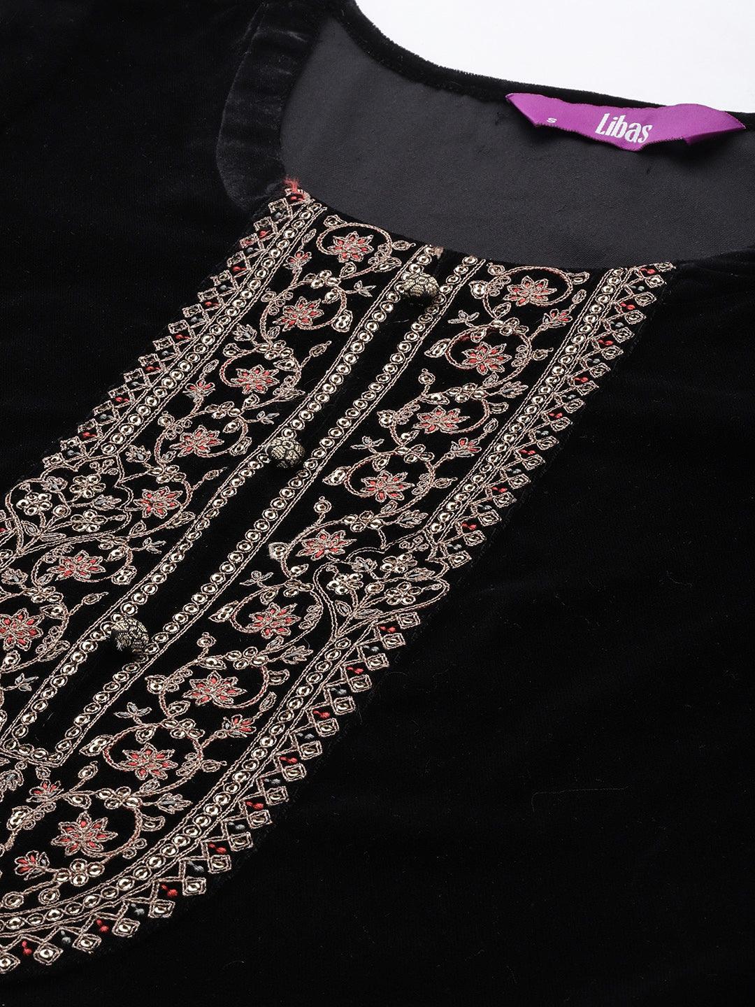 Black Yoke Design Velvet Straight Kurta Set