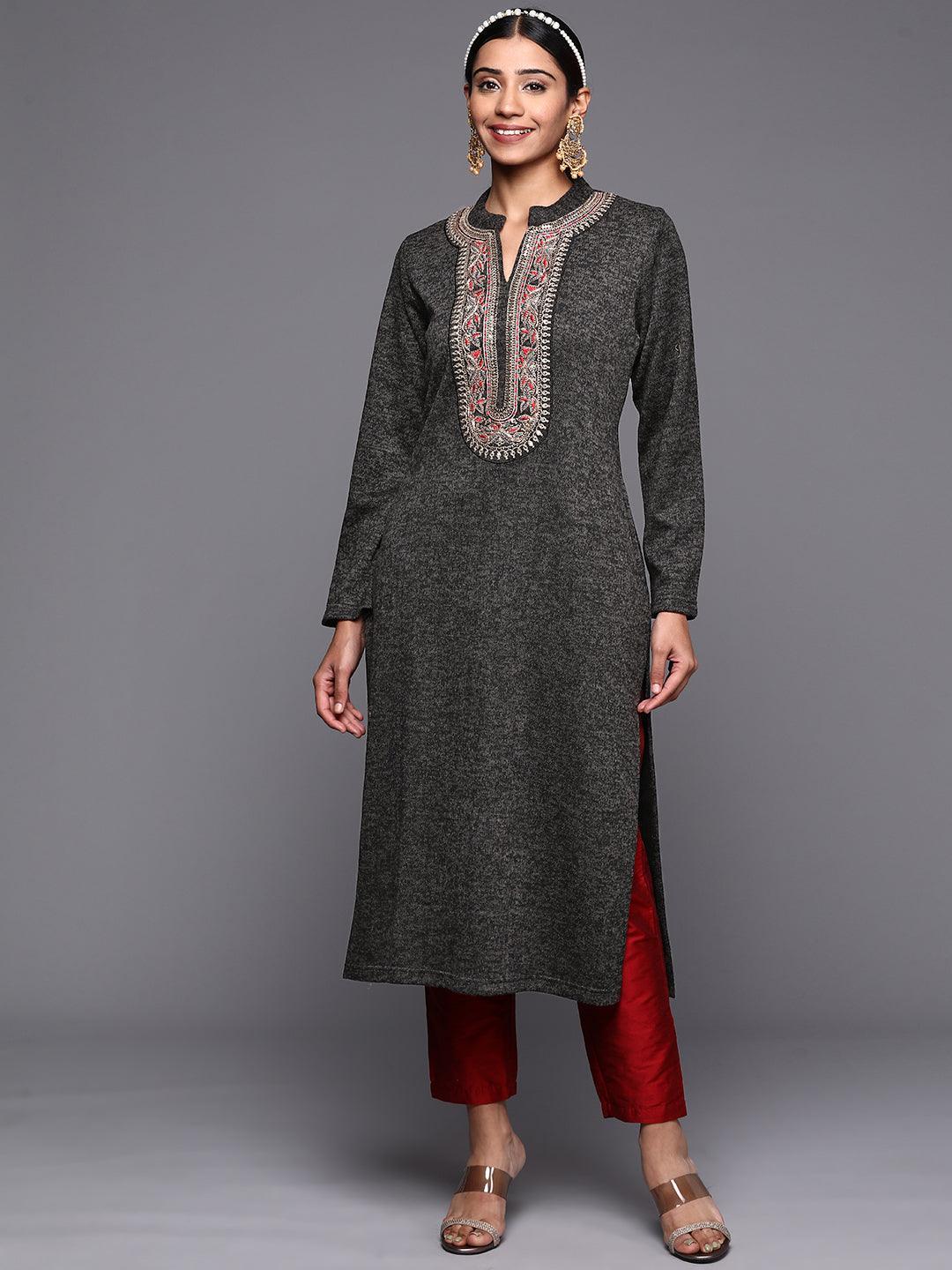 Black Yoke Design Wool Straight Kurta - ShopLibas