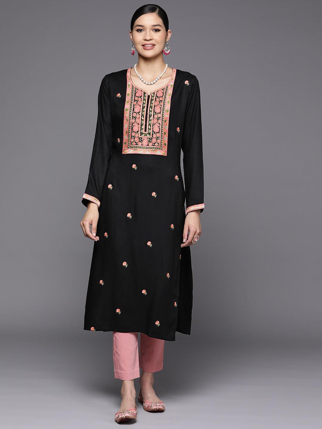 Black Yoke Design Wool Straight Kurta