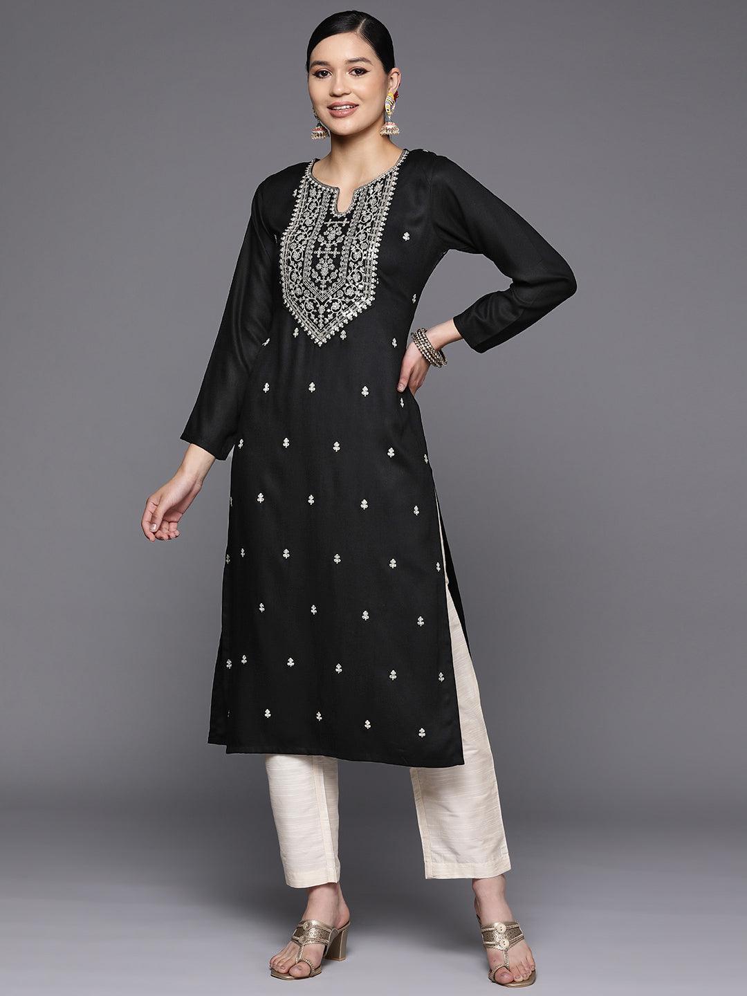 Black Yoke Design Wool Straight Kurta