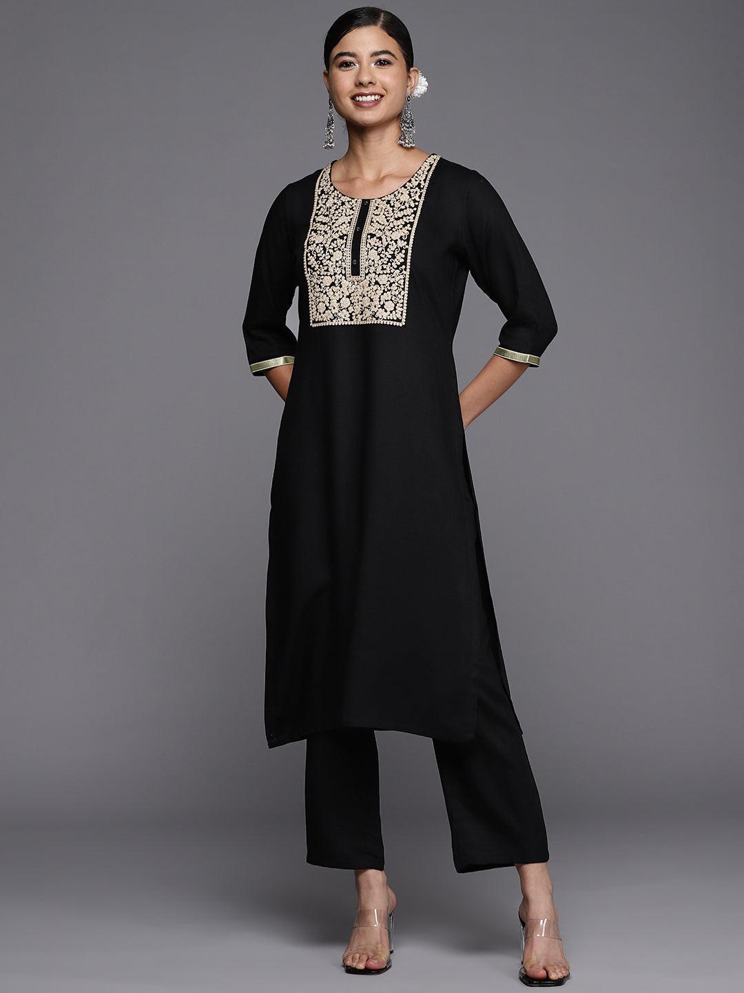 Black Yoke Design Wool Straight Kurta - ShopLibas