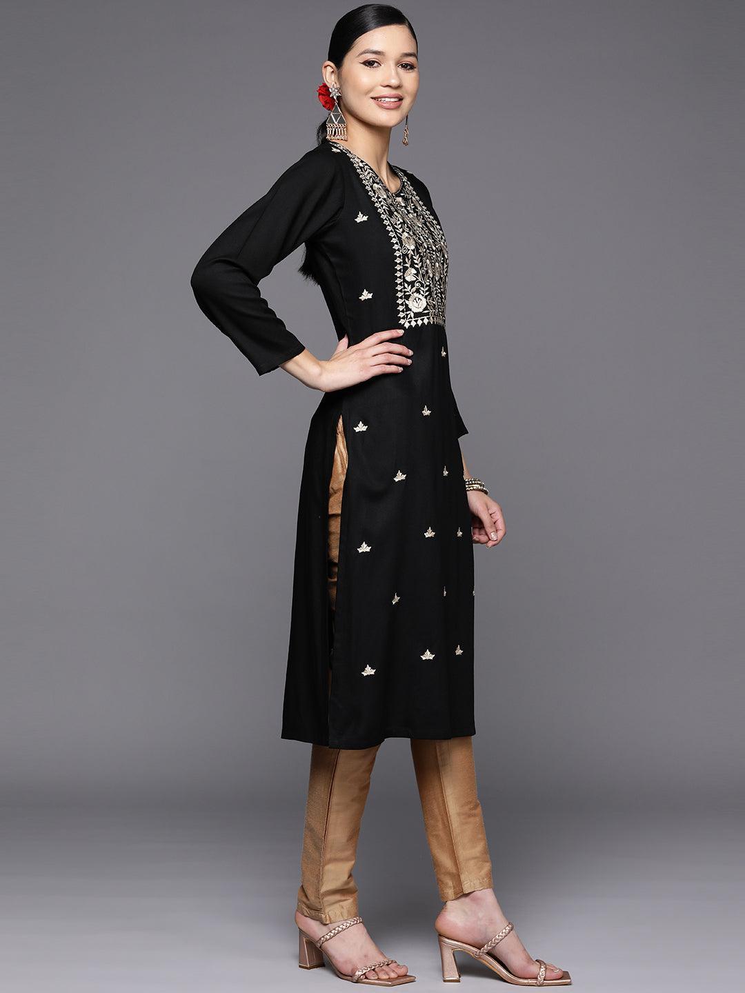 Black Yoke Design Wool Straight Kurta