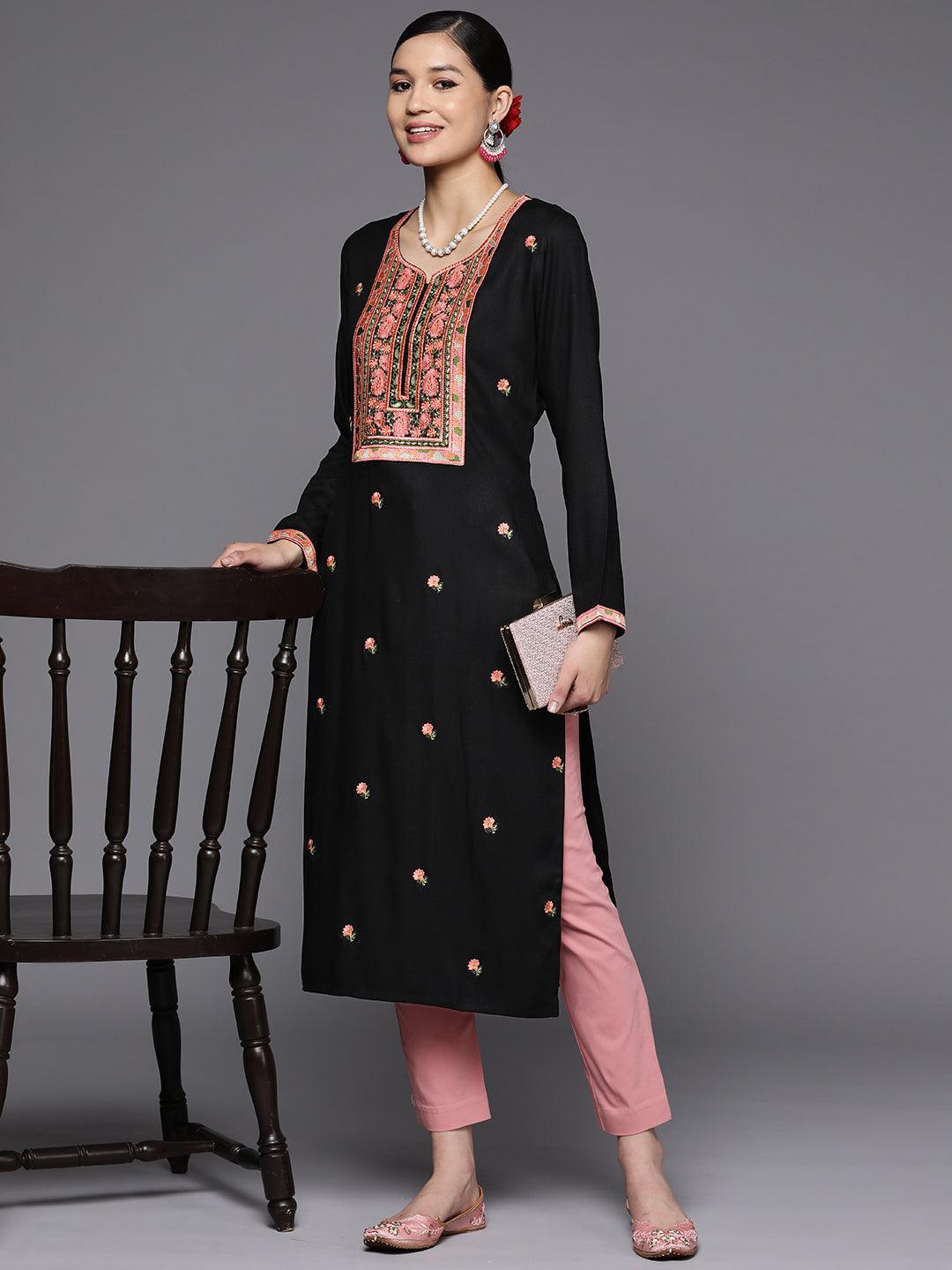 Black Yoke Design Wool Straight Kurta