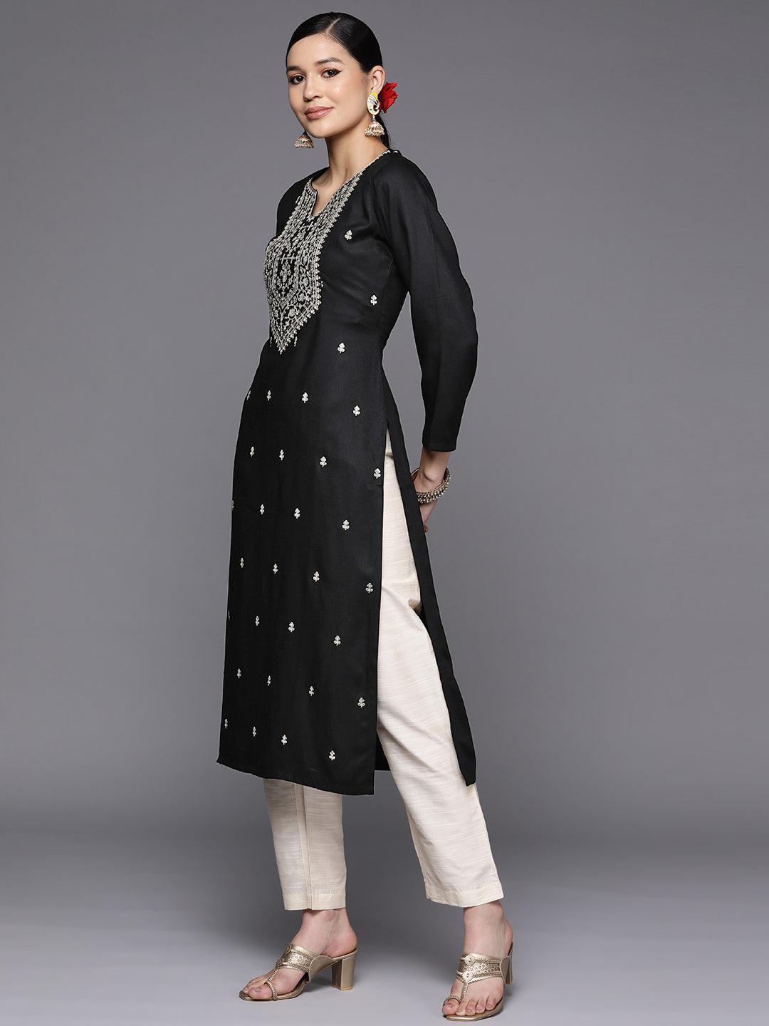 Black Yoke Design Wool Straight Kurta